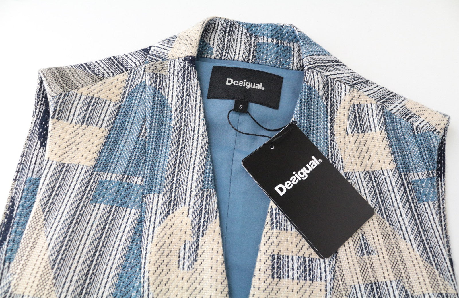 DESIGUAL Letters Women's Vest S Blue Sleeveless Cotton Blend Patterned Waistcoat