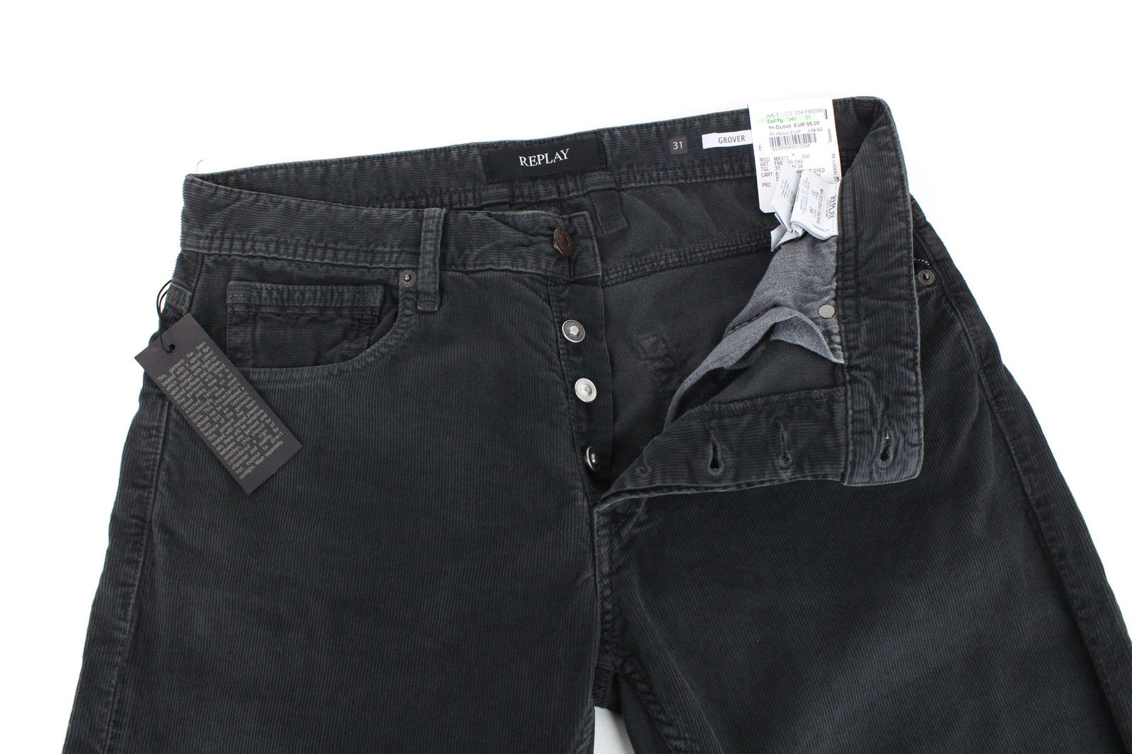 REPLAY Grover Men's Cord Velvet Trousers W31/L34 Grey Stretch Straight