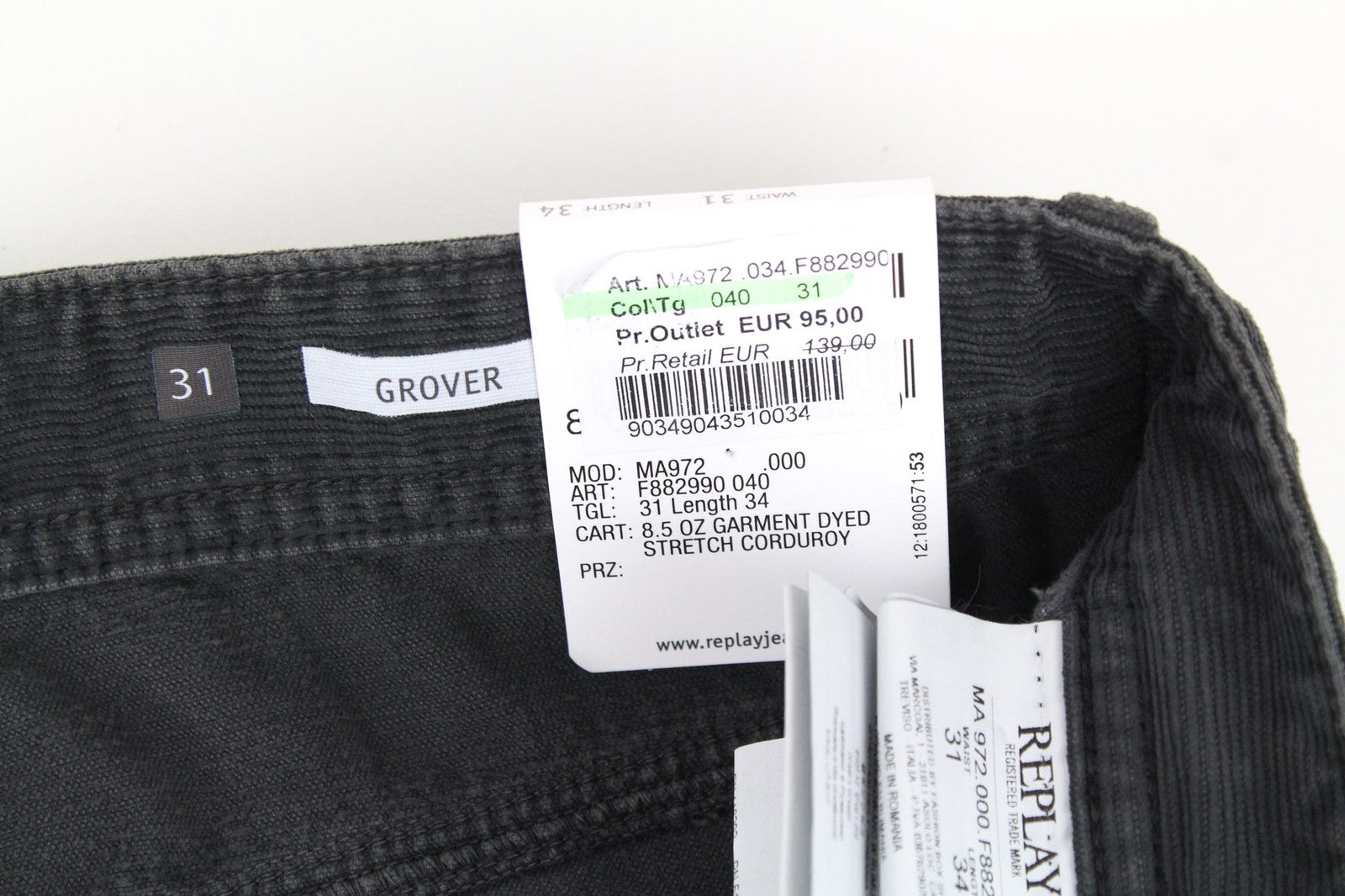 REPLAY Grover Men's Cord Velvet Trousers W31/L34 Grey Stretch Straight