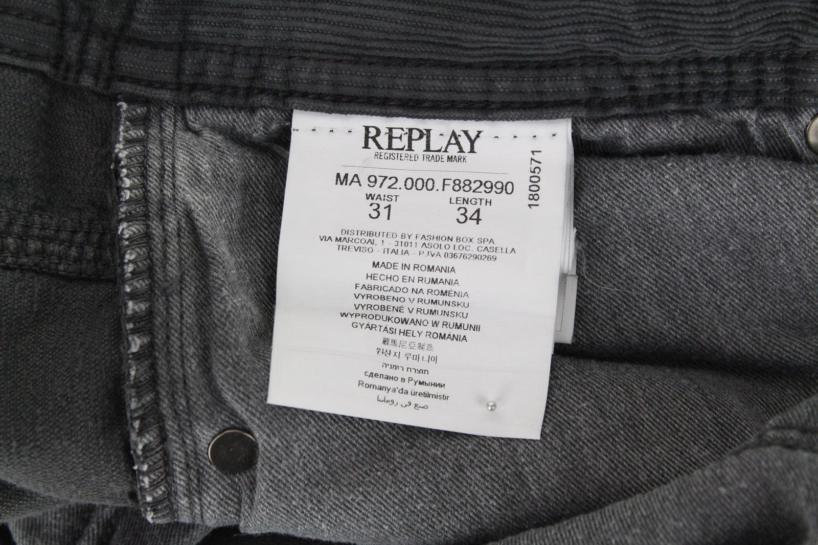 REPLAY Grover Men's Cord Velvet Trousers W31/L34 Grey Stretch Straight