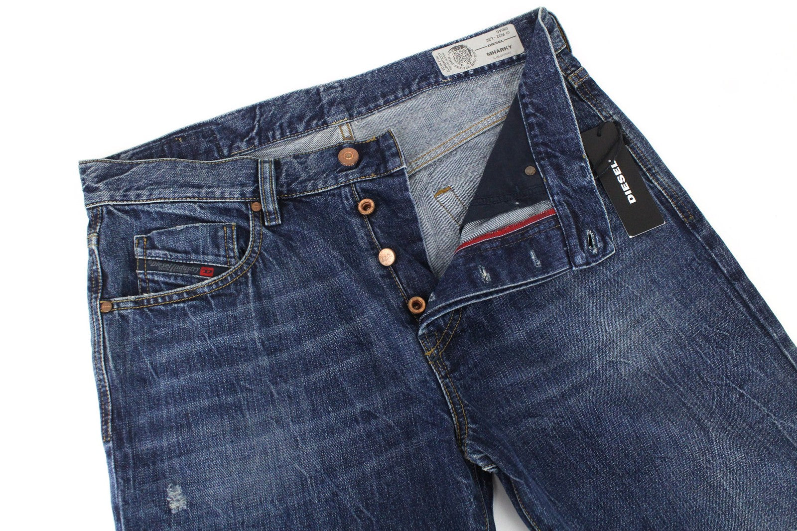 DIESEL Mharky 080AG Men's W32/L32 Slim Fit Blue Distressed Non-Stretch Jeans