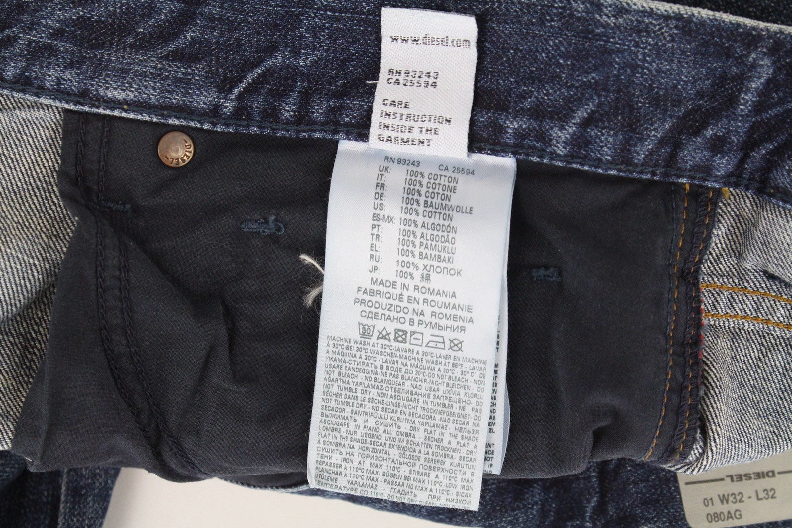 DIESEL Mharky 080AG Men's W32/L32 Slim Fit Blue Distressed Non-Stretch Jeans