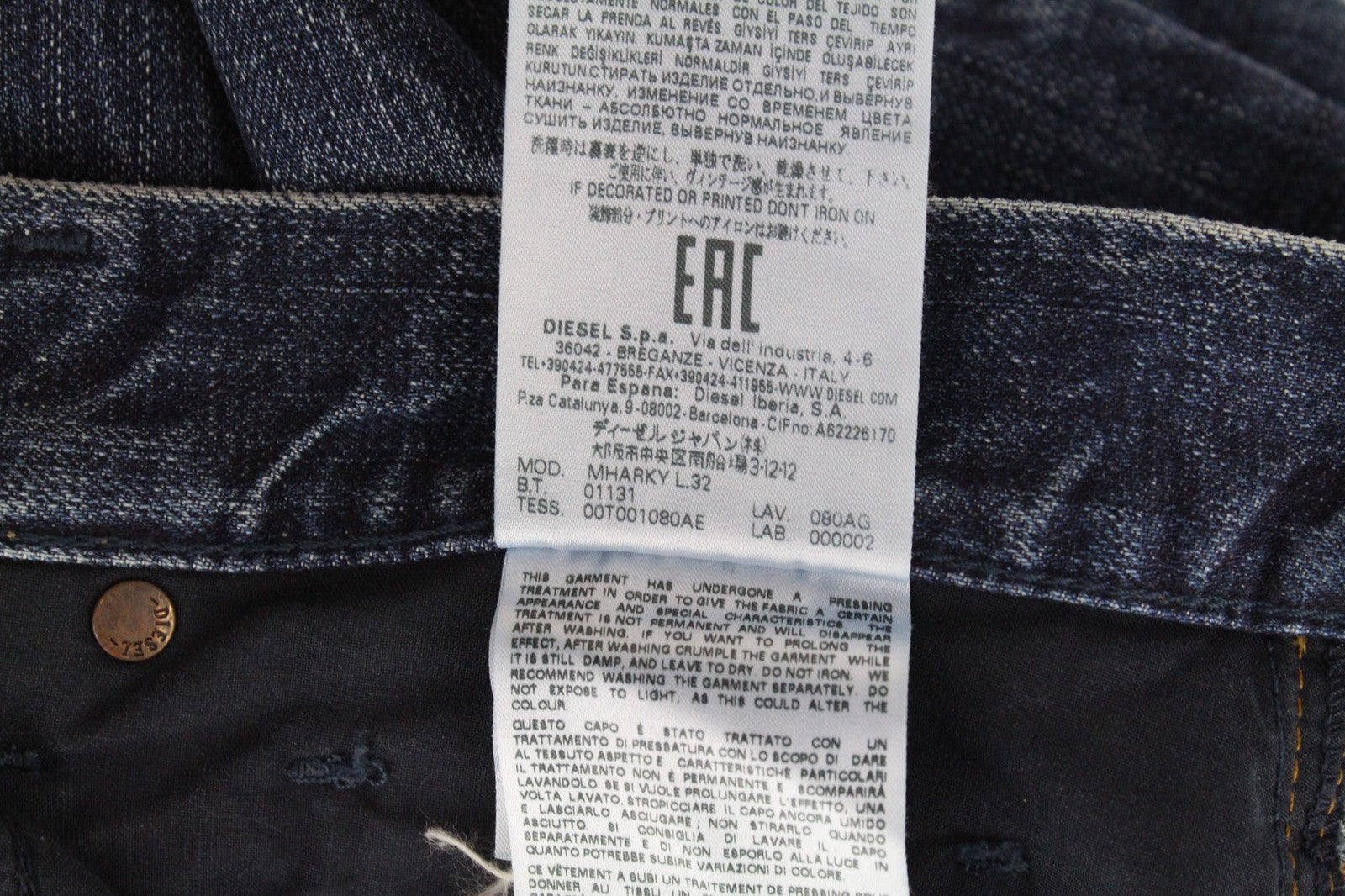 DIESEL Mharky 080AG Men's W32/L32 Slim Fit Blue Distressed Non-Stretch Jeans