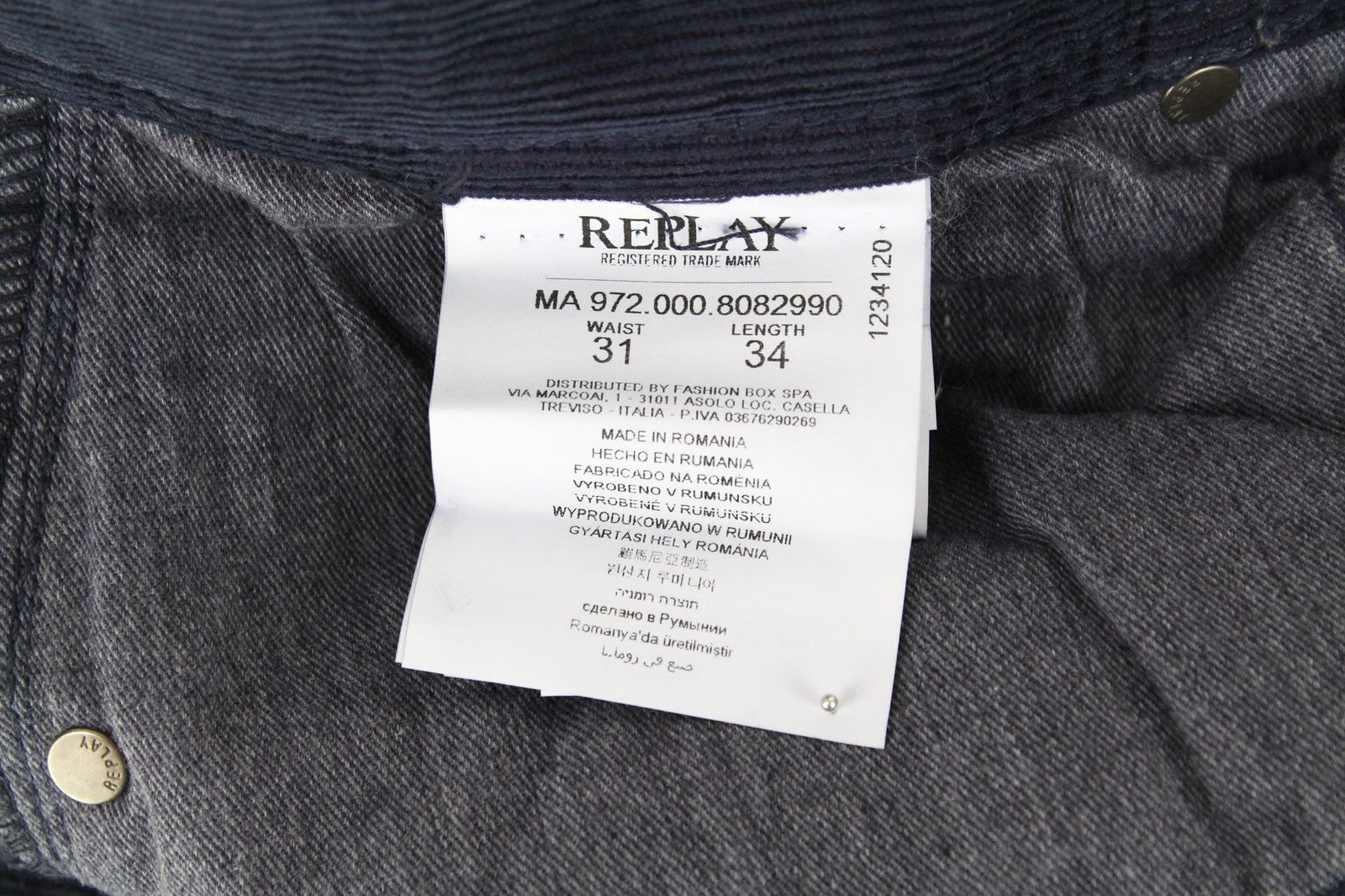 REPLAY Grover Men's Trousers W31/L34 Blue Stretch Velvet Corduroy Straight