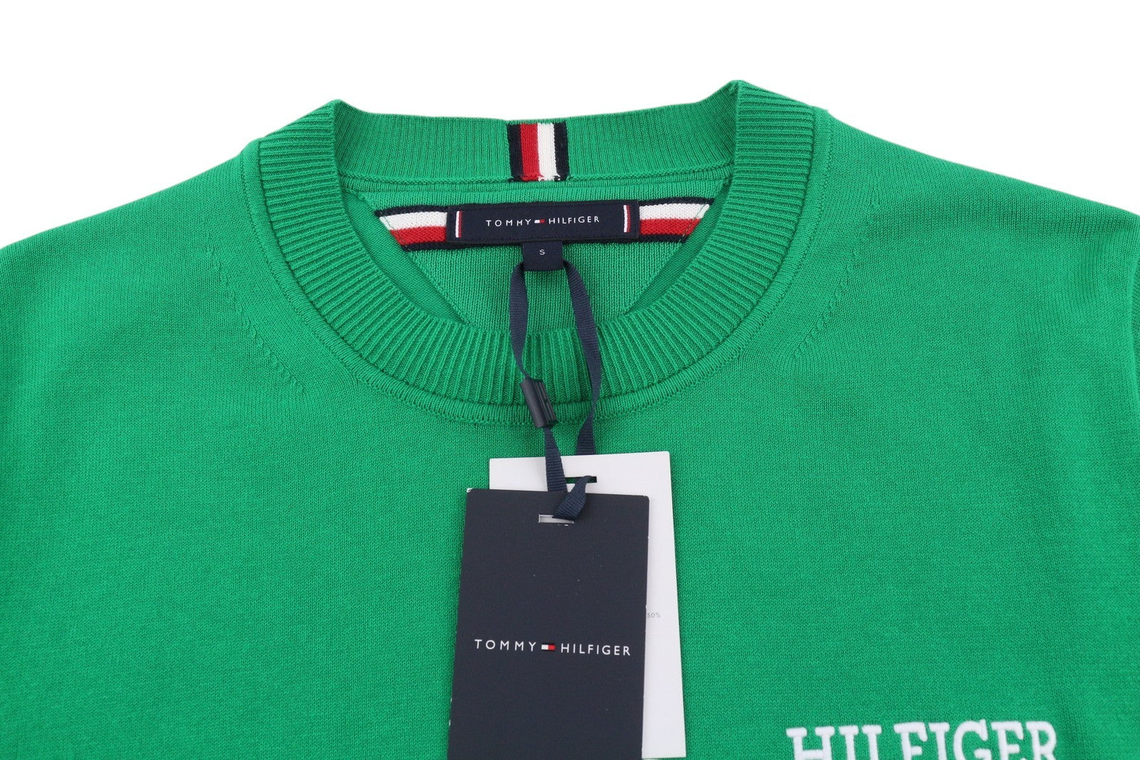 TOMMY HILFIGER Monotype Tipped Men Jumper S Green Knitted Crew Neck Pullover