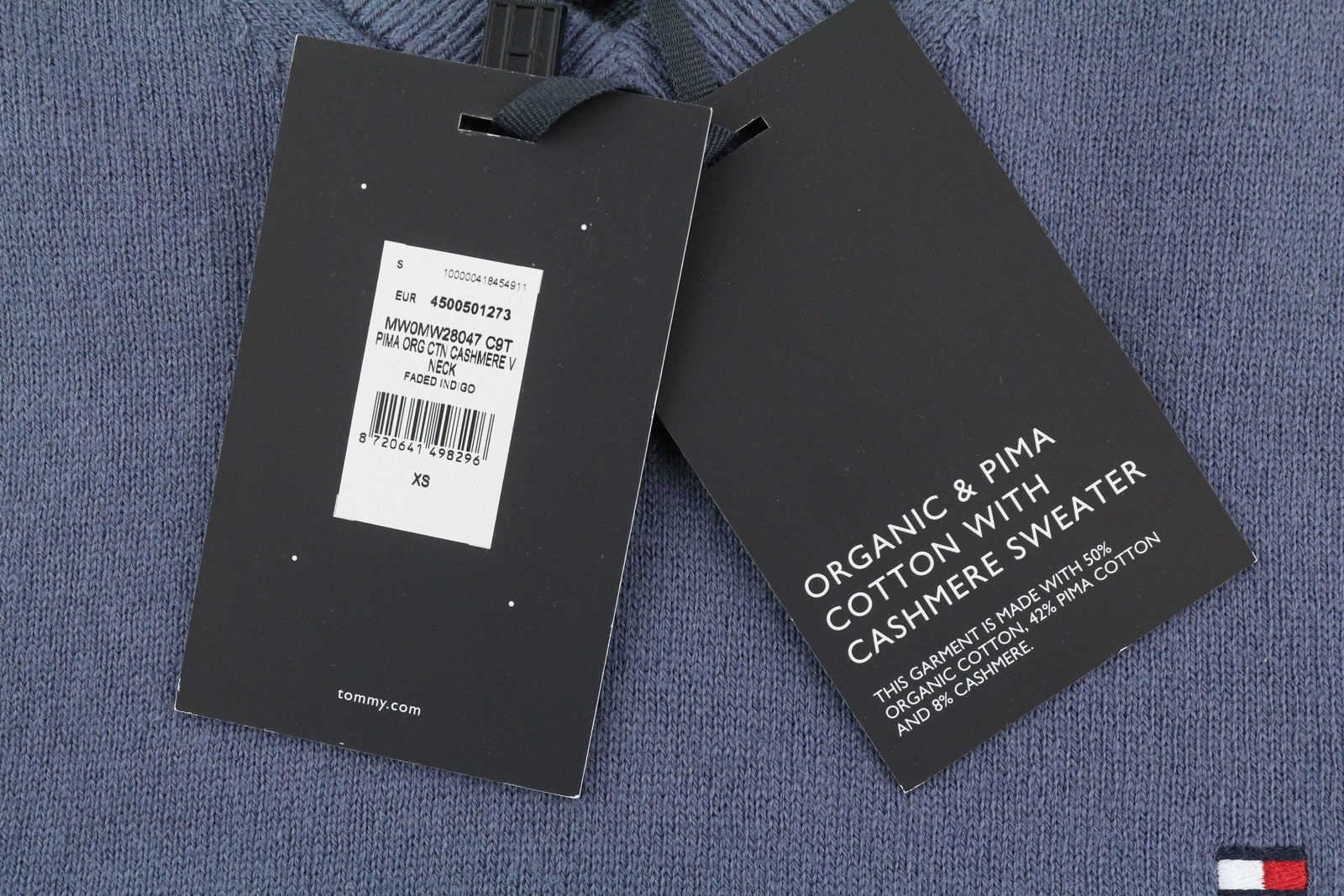 TOMMY HILFIGER Pima Org Ctn Cashmere V Neck Men Jumper XS Pullover Knitted Blue