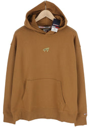 TOMMY HILFIGER Men Hoodie L Brown Kangaroo Pocket Hooded Patch Logo Pullover
