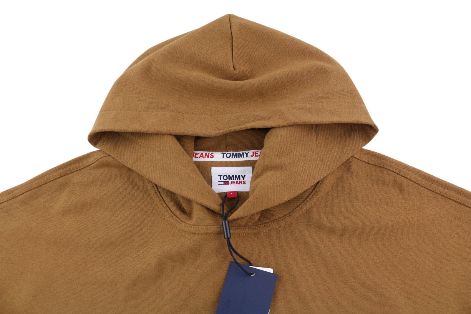 TOMMY HILFIGER Men Hoodie L Brown Kangaroo Pocket Hooded Patch Logo Pullover
