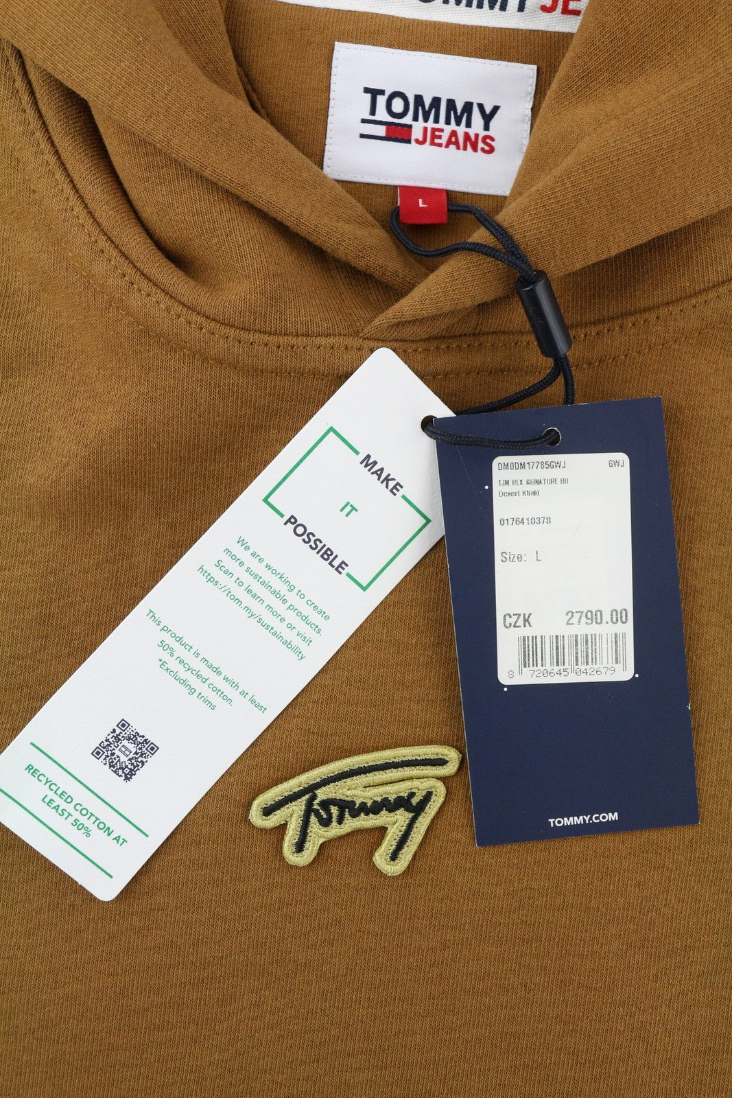 TOMMY HILFIGER Men Hoodie L Brown Kangaroo Pocket Hooded Patch Logo Pullover