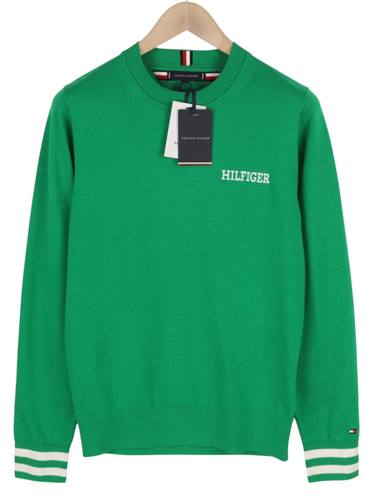 TOMMY HILFIGER Monotype Tipped Men Jumper M Green Knitted Crew Neck Pullover