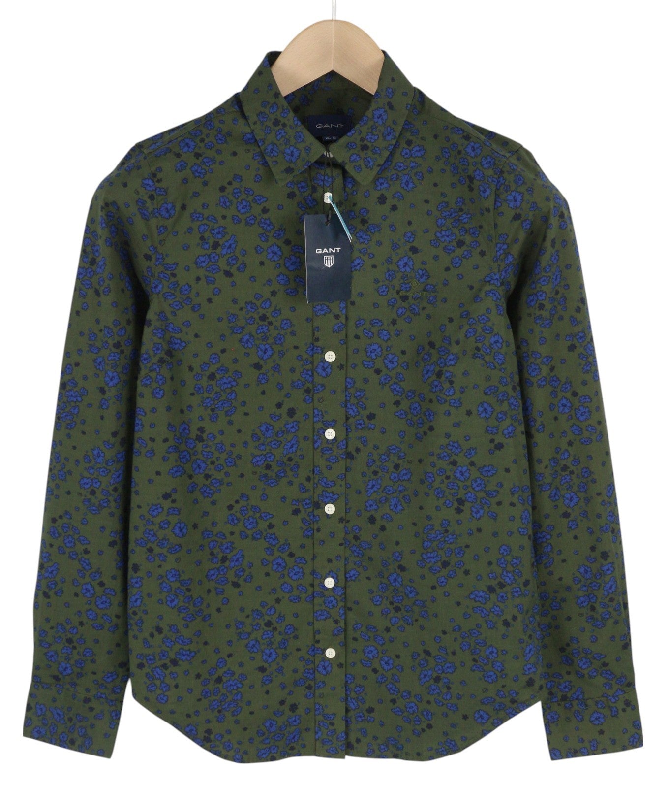 GANT Fall Flower Stretch Women Shirt EU34 Green Khaki Button-Up Spread Neck