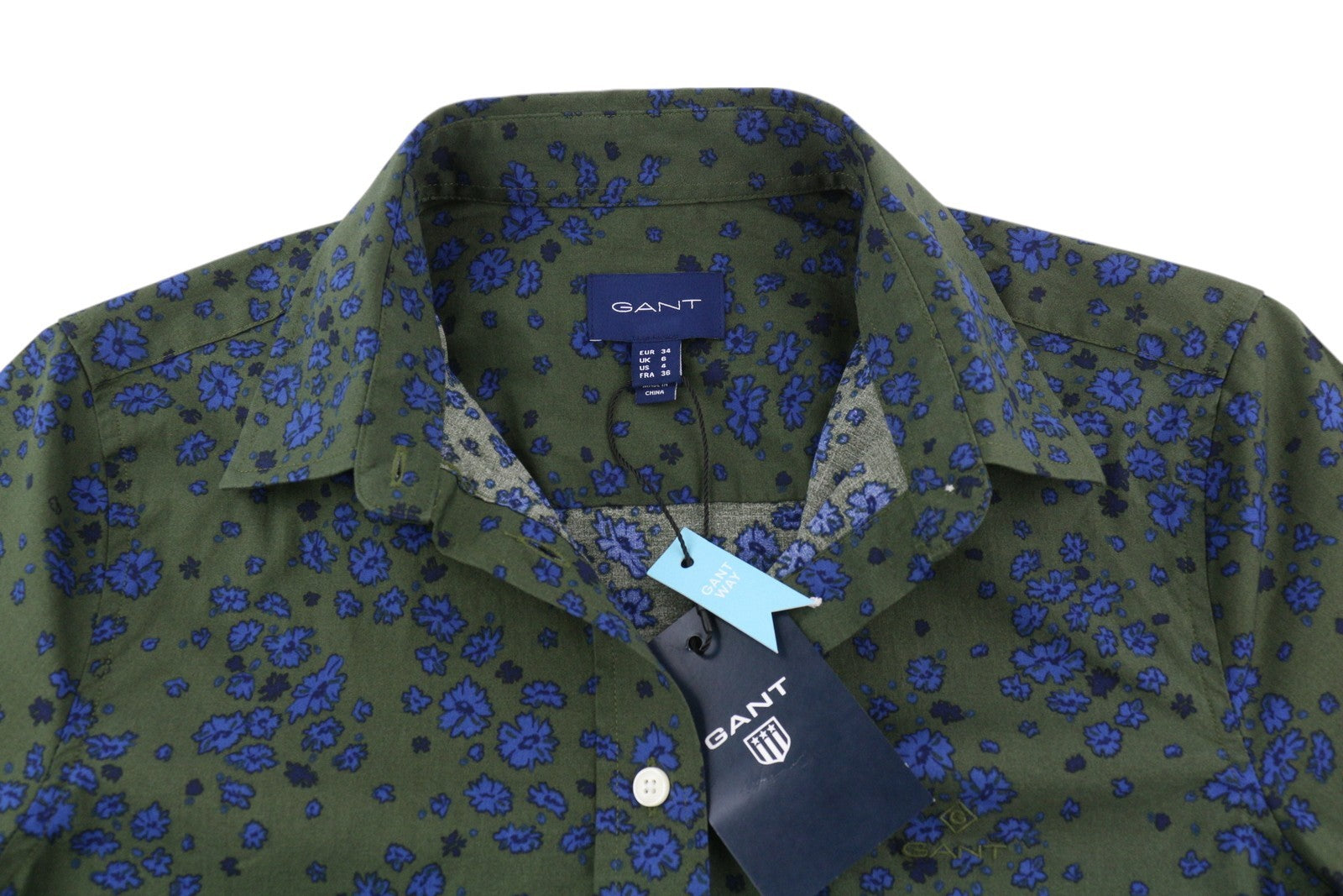 GANT Fall Flower Stretch Women Shirt EU34 Green Khaki Button-Up Spread Neck