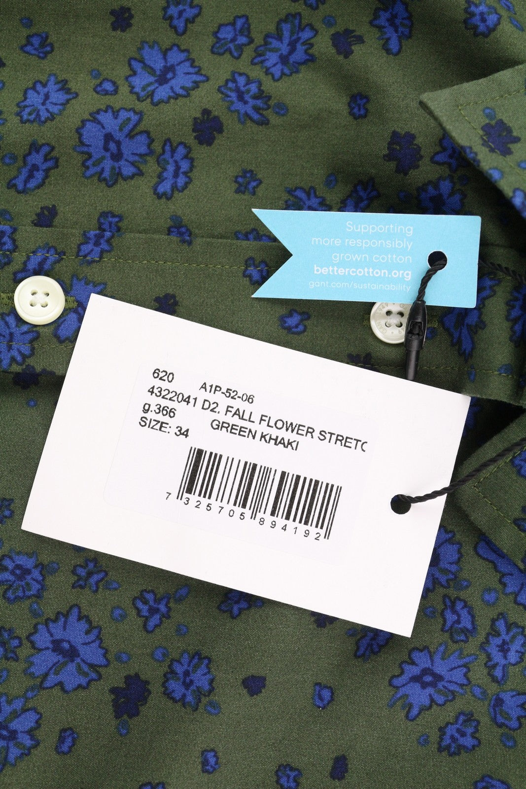 GANT Fall Flower Stretch Women Shirt EU34 Green Khaki Button-Up Spread Neck