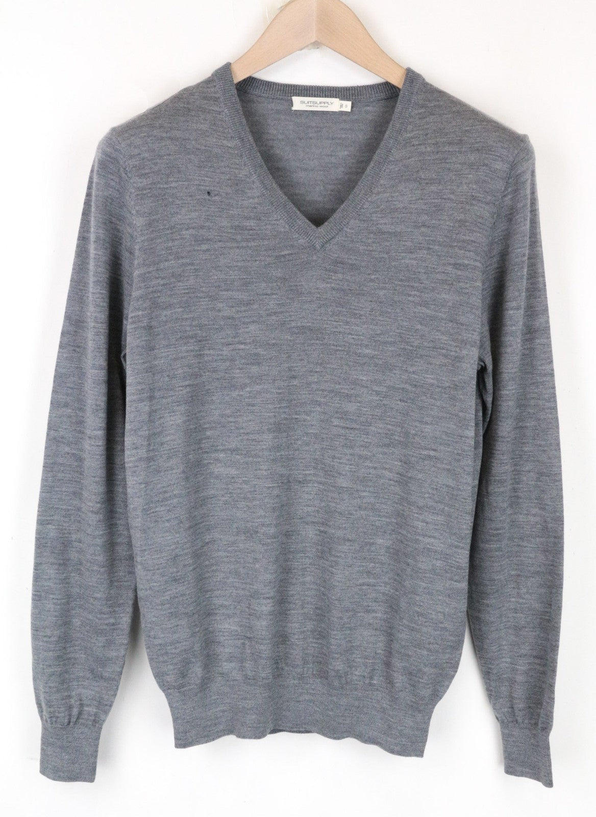 SUITSUPPLY Men's Jumper S V-Neck Merino Wool Slim Knit Grey Melange Sweater