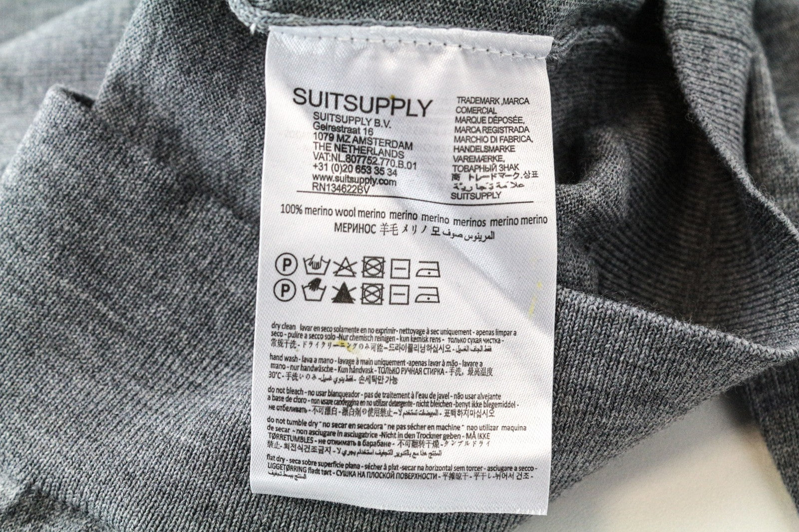 SUITSUPPLY Men's Jumper S V-Neck Merino Wool Slim Knit Grey Melange Sweater