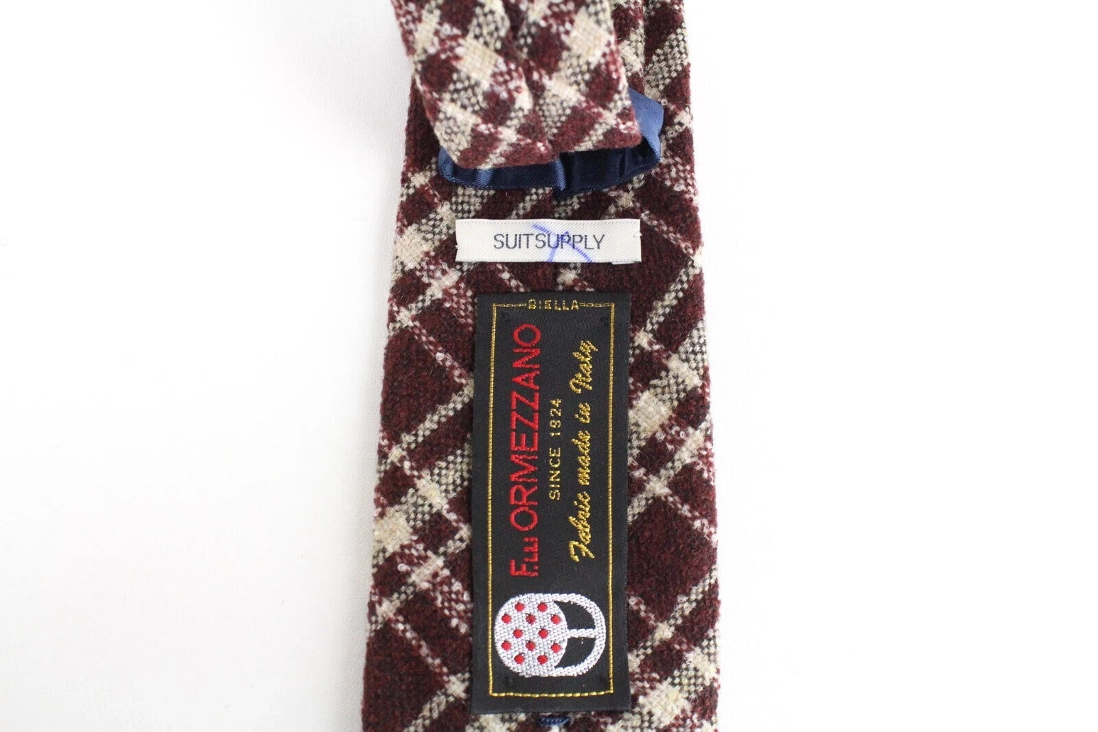 SUITSUPPLY Men's Tie ~150 x 8 cm Dark Red Wool Blend Check Pattern Sharp Finish