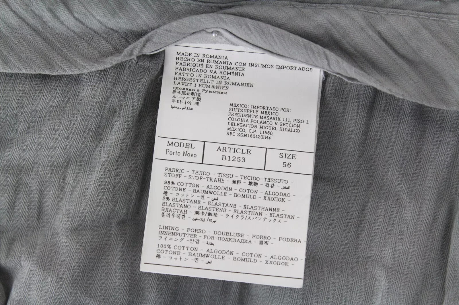 SUITSUPPLY Porto Novo Men's Pants UK46R Grey Cotton Relaxed Fit Stretch Chino