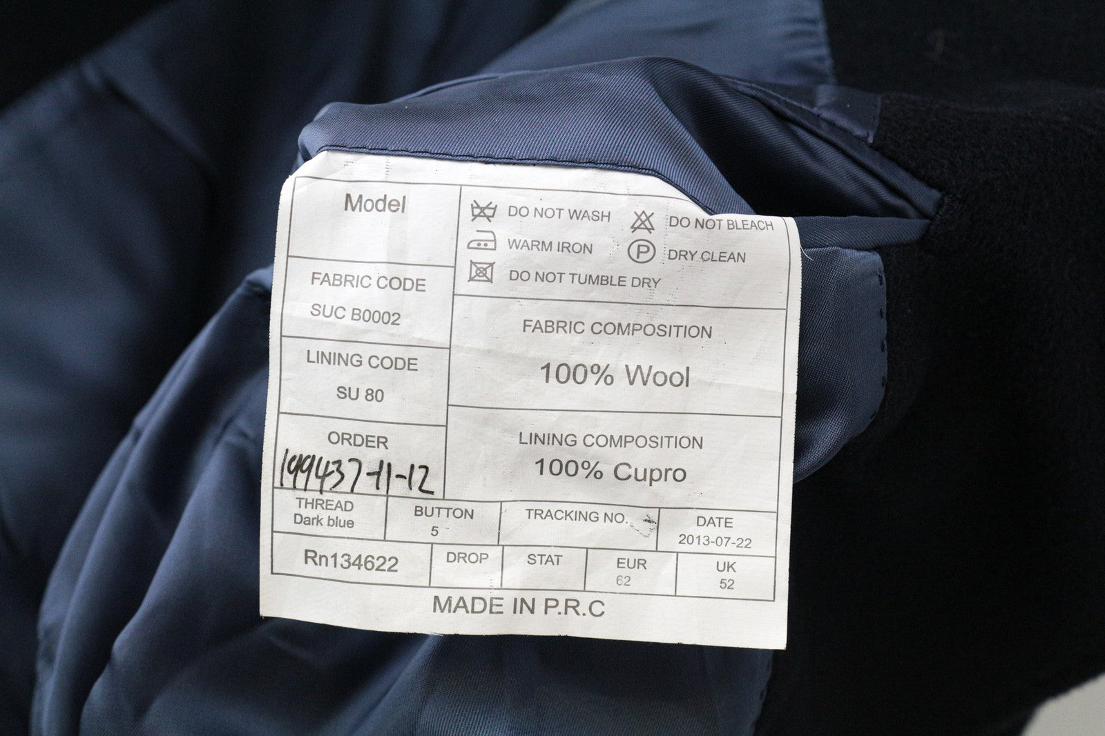 SUITSUPPLY Men's Coat UK52 Navy Blue Wool Lined One Button Front Notch Lapel