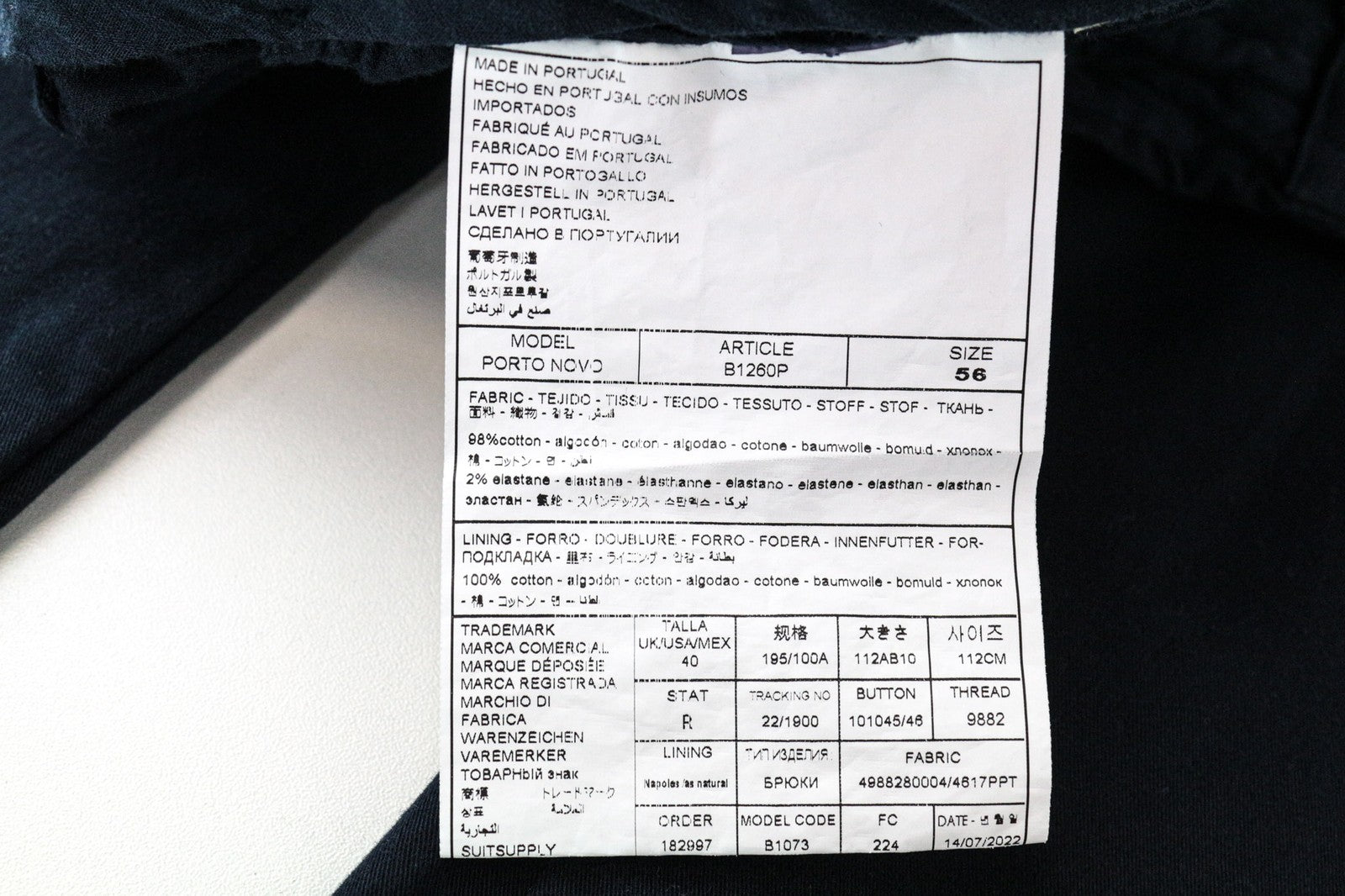 SUITSUPPLY Porto Novo Men's Pants UK40R Navy Stretch Cotton Casual Lined Chino