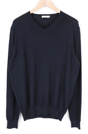 SUITSUPPLY Men's Sweater 2XL Navy Blue Merino Wool V-Neck Knit Pullover