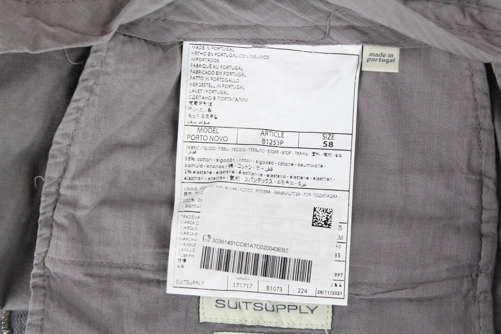 SUITSUPPLY Porto Novo Men's Pants UK42R Grey Cotton Casual Pleated Chino