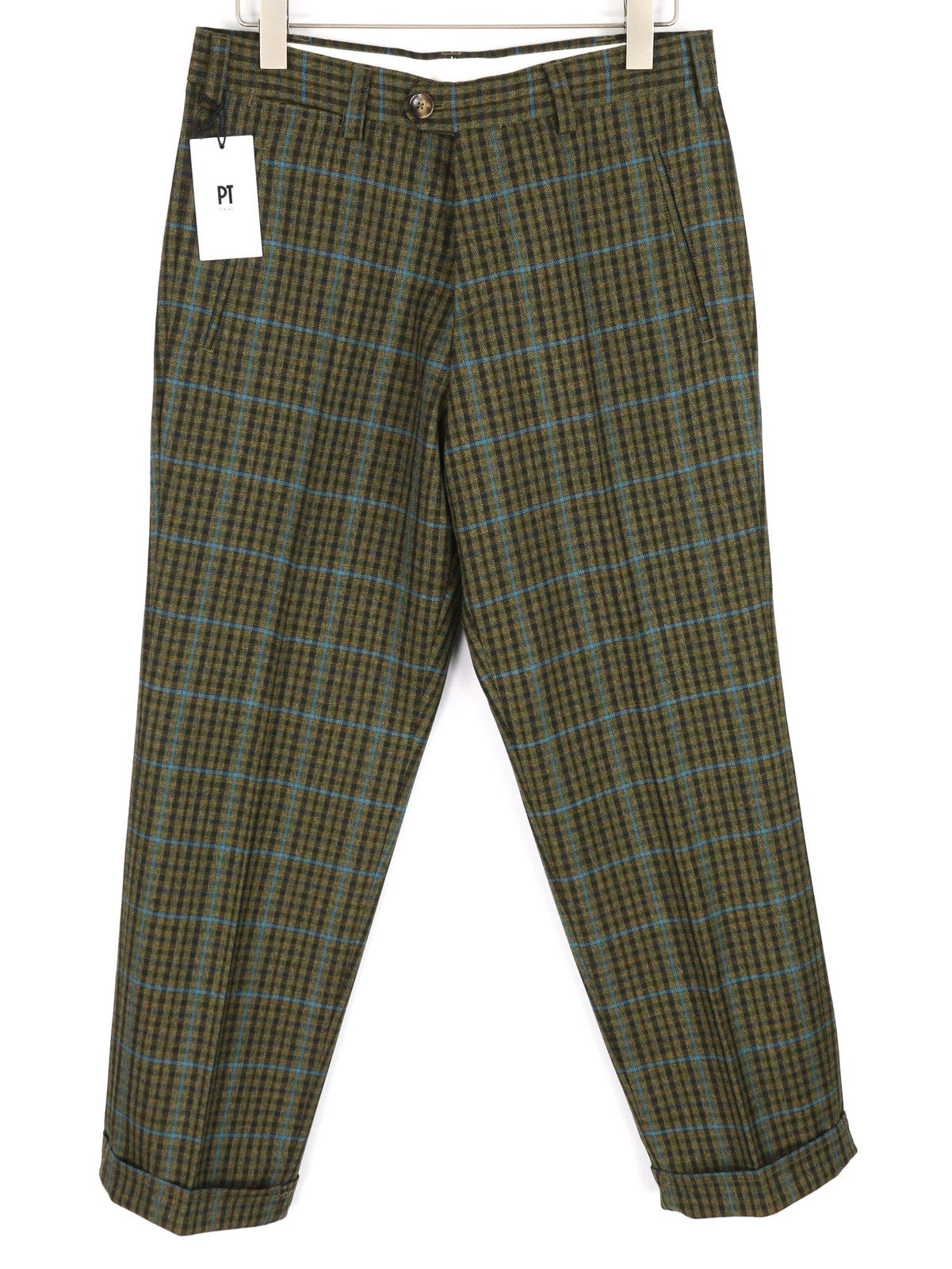 PT TORINO The Writer Men Trousers W32 Fleece Wool Turn Up Plaid Regular Fit