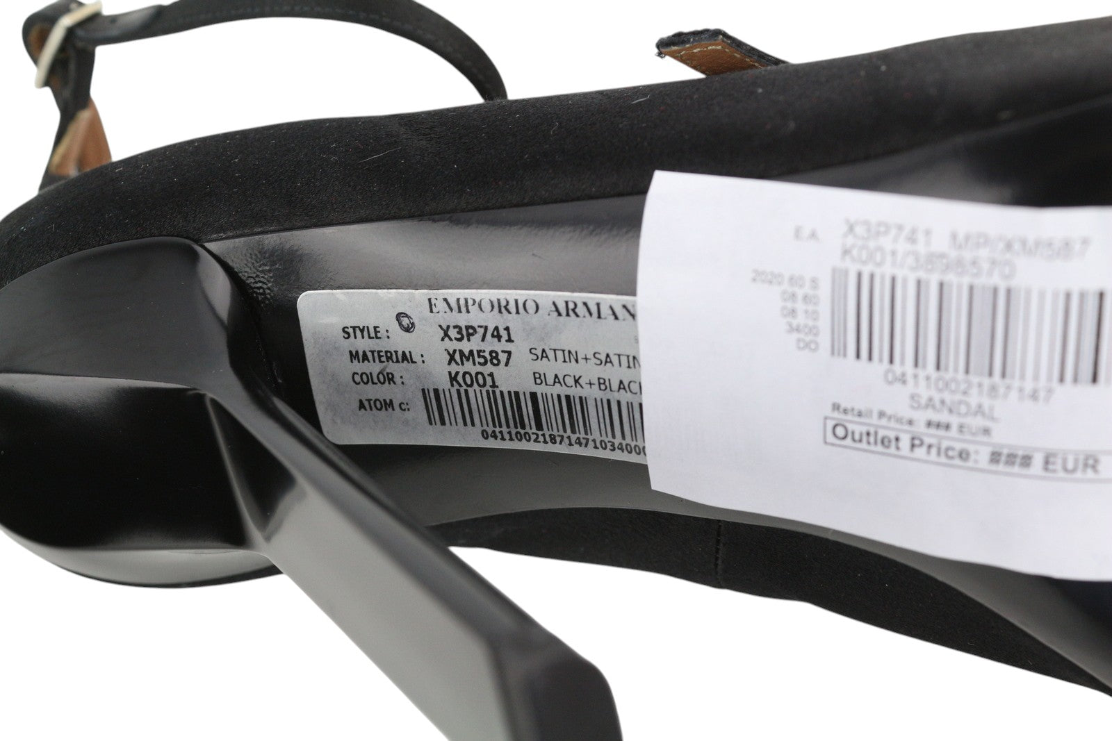 EMPORIO ARMANI X3P741 Women Heels EU37 Black Satin Open Toe Buckle Logo Casual