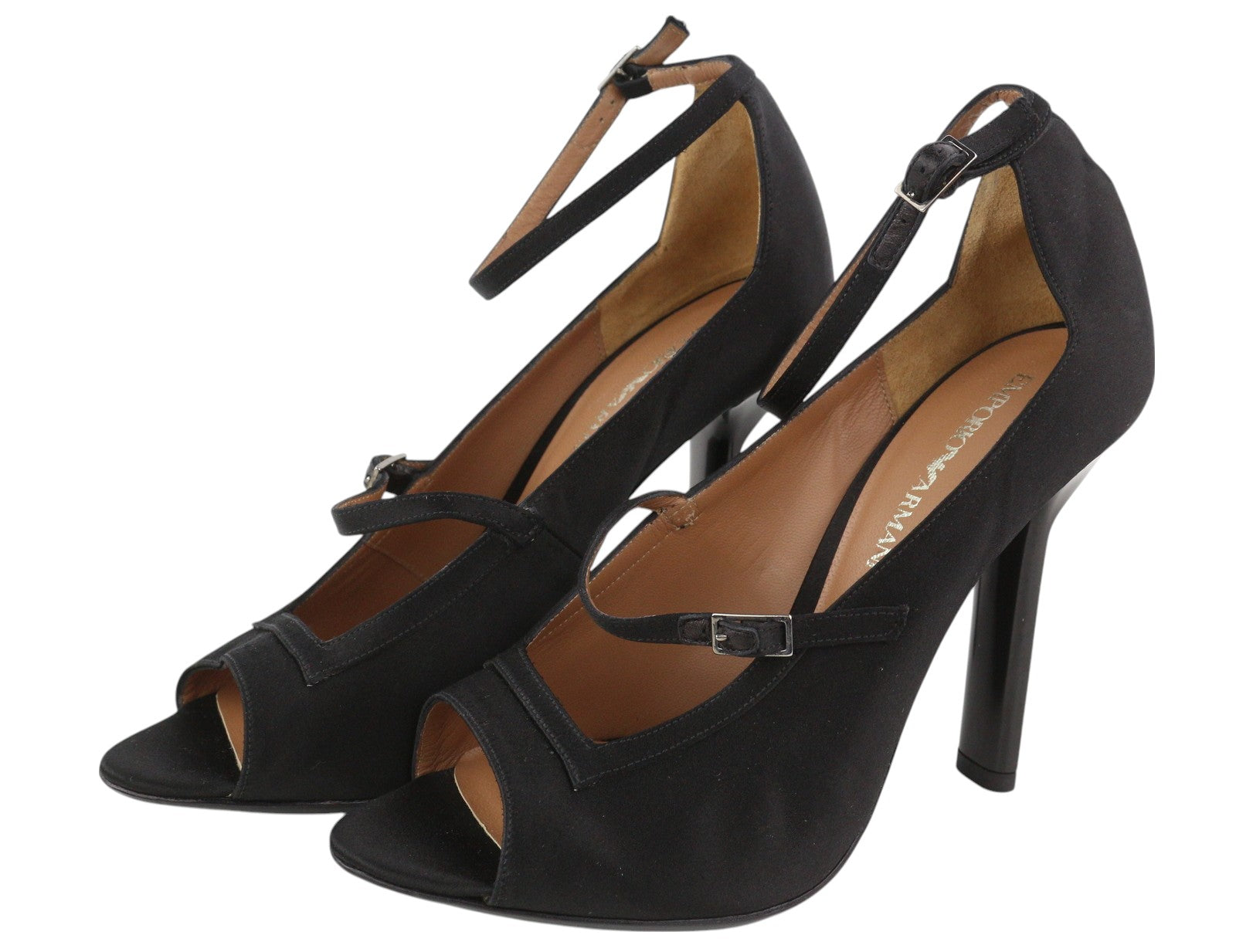 EMPORIO ARMANI X3P741 Women Heels EU37 Black Satin Open Toe Buckle Logo Casual