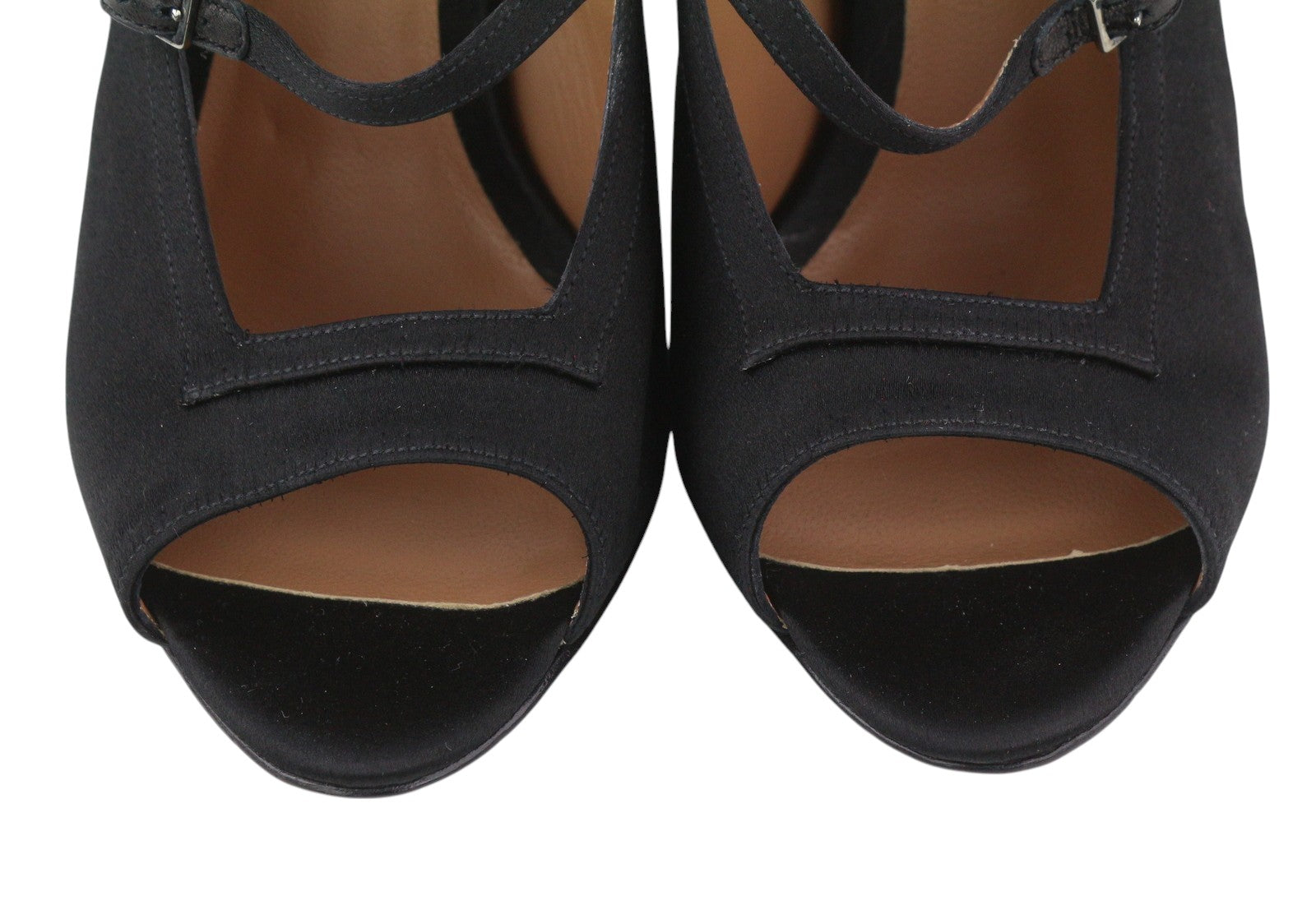 EMPORIO ARMANI X3P741 Women Heels EU37 Black Satin Open Toe Buckle Logo Casual