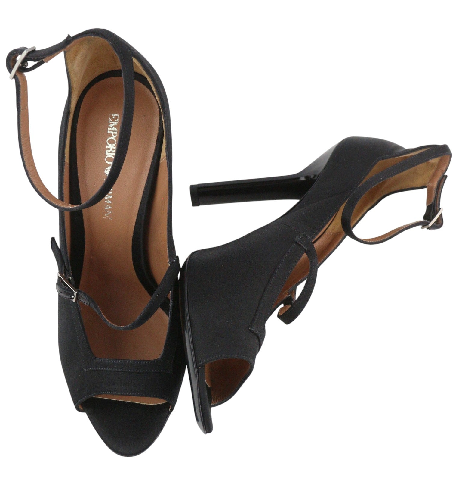 EMPORIO ARMANI X3P741 Women Heels EU37 Black Satin Open Toe Buckle Logo Casual