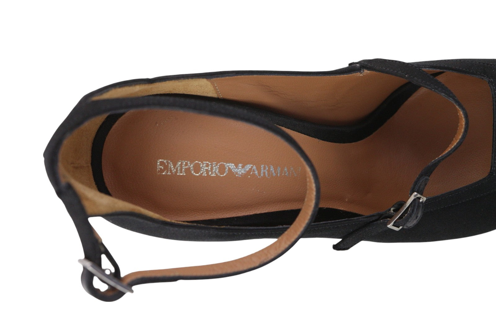 EMPORIO ARMANI X3P741 Women Heels EU37 Black Satin Open Toe Buckle Logo Casual
