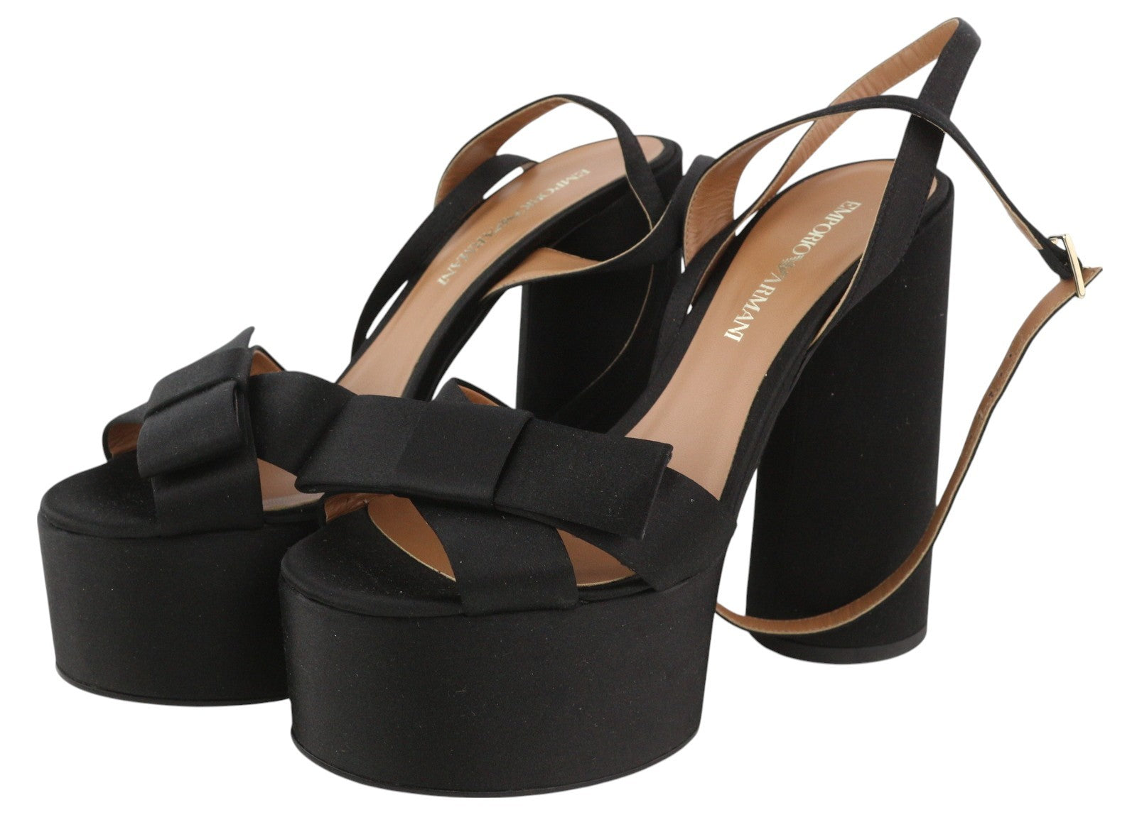 EMPORIO ARMANI X3P738 Women Heels EU37 Black Satin Open Toe Platform Sandals