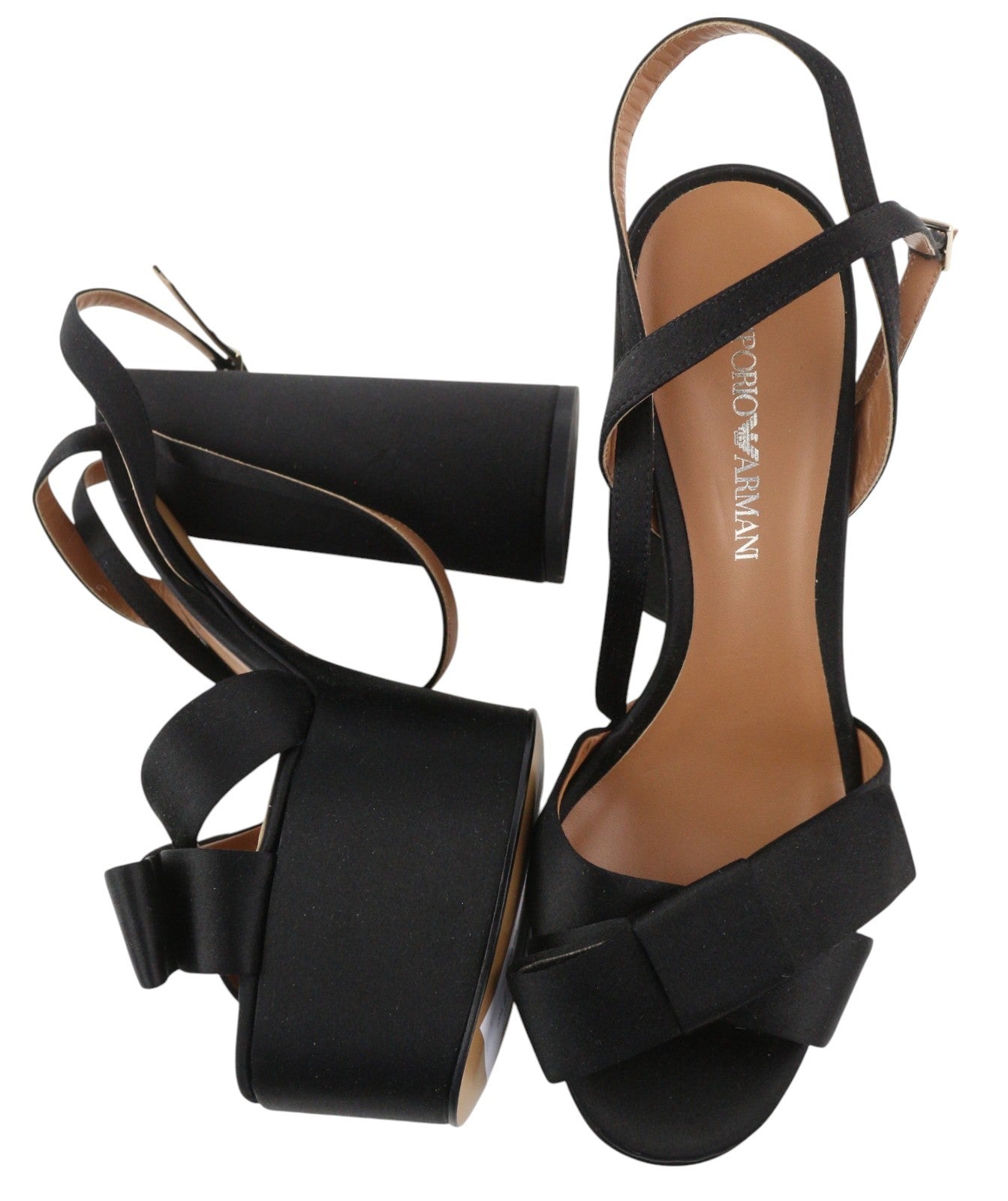 EMPORIO ARMANI X3P738 Women Heels EU37 Black Satin Open Toe Platform Sandals