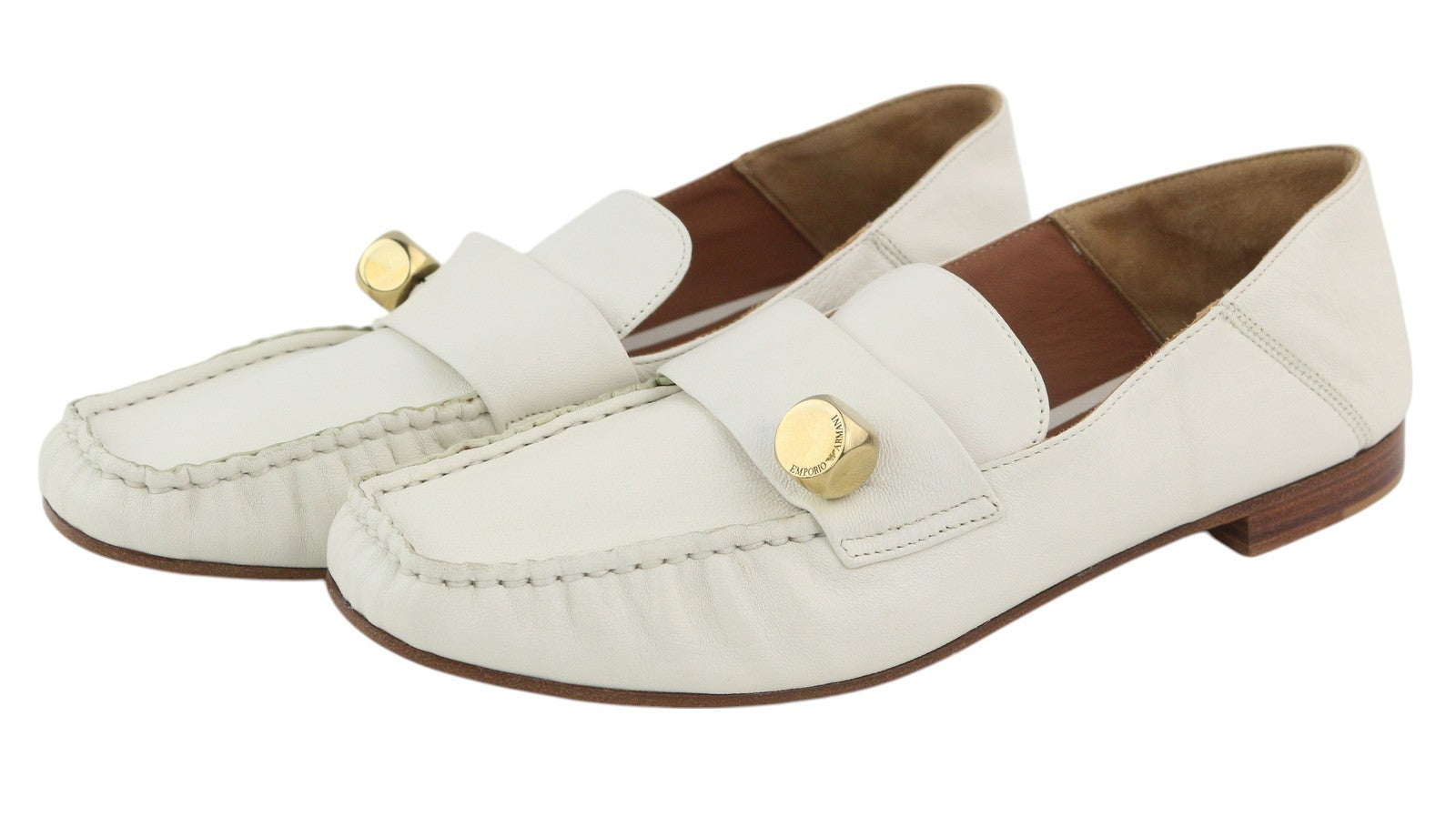 EMPORIO ARMANI Women Shoes EU37 White Leather Square Gold Tone Detail Loafers