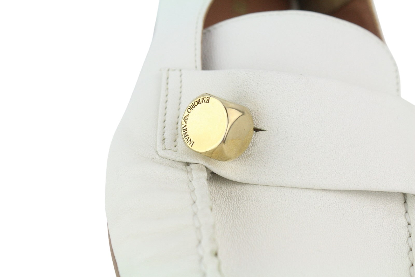 EMPORIO ARMANI Women Shoes EU37 White Leather Square Gold Tone Detail Loafers