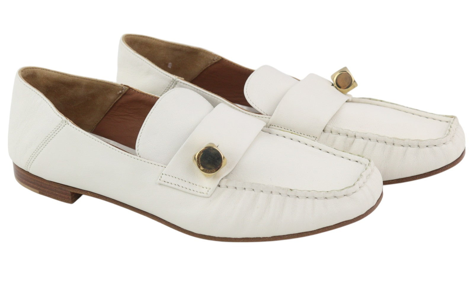 EMPORIO ARMANI Women Shoes EU37 White Leather Square Gold Tone Detail Loafers