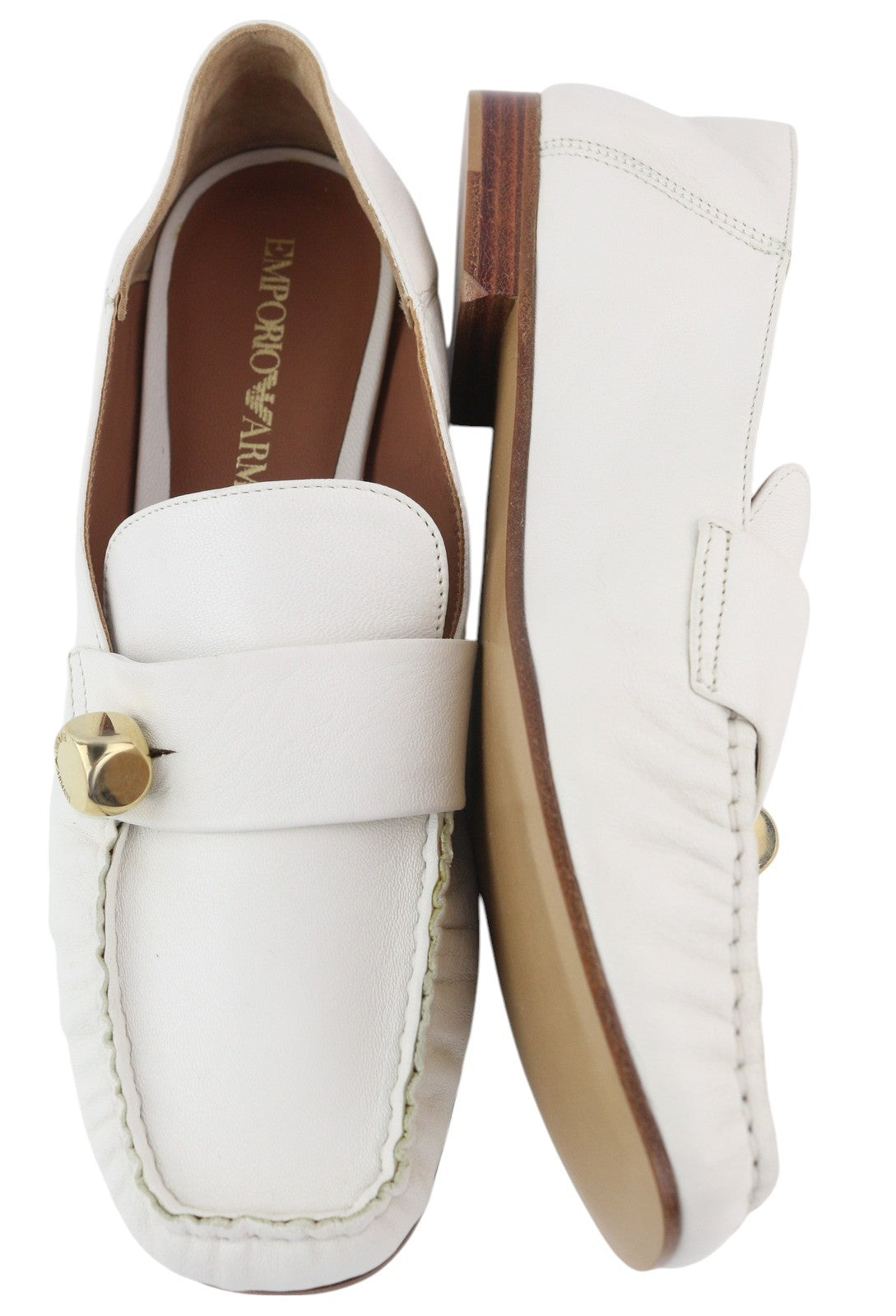 EMPORIO ARMANI Women Shoes EU37 White Leather Square Gold Tone Detail Loafers