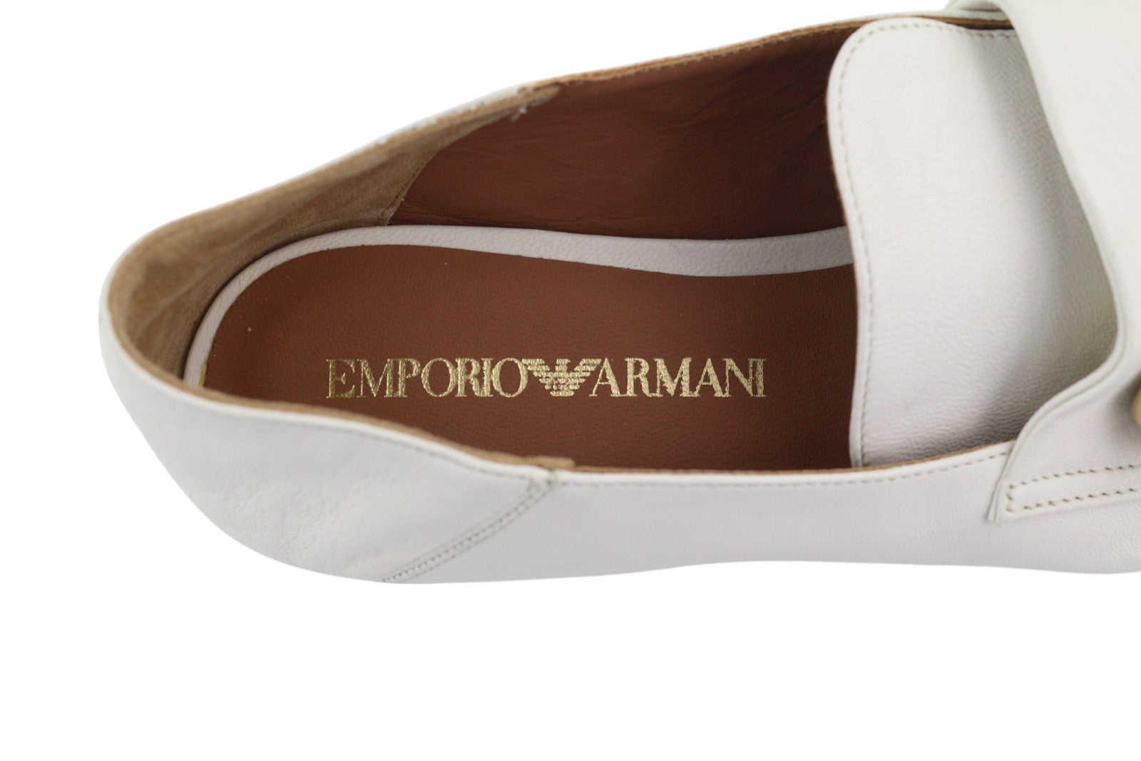 EMPORIO ARMANI Women Shoes EU37 White Leather Square Gold Tone Detail Loafers