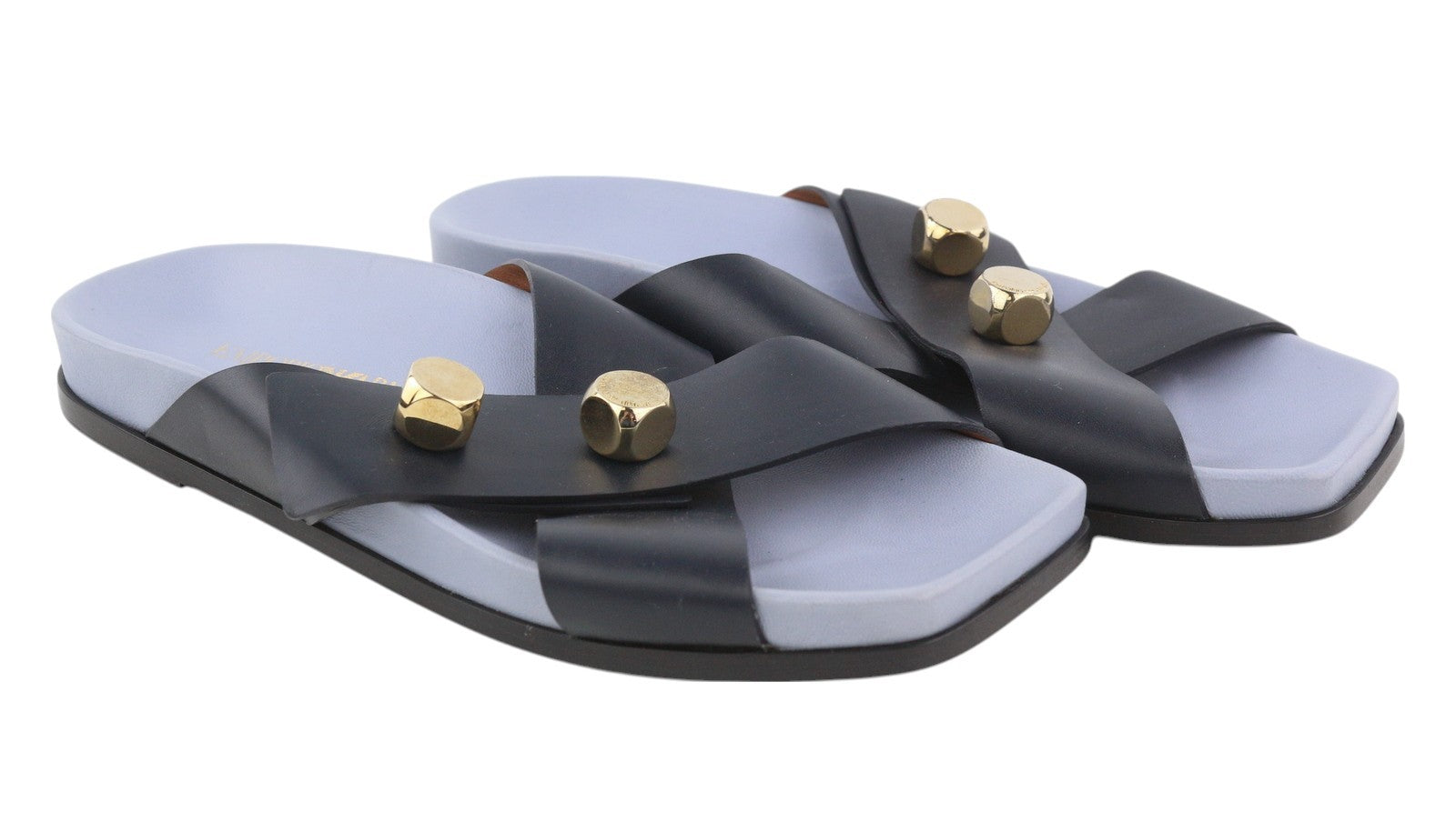 EMPORIO ARMANI Women Flats EU37 Leather Black Dog Tone Details Slip On Open Toe