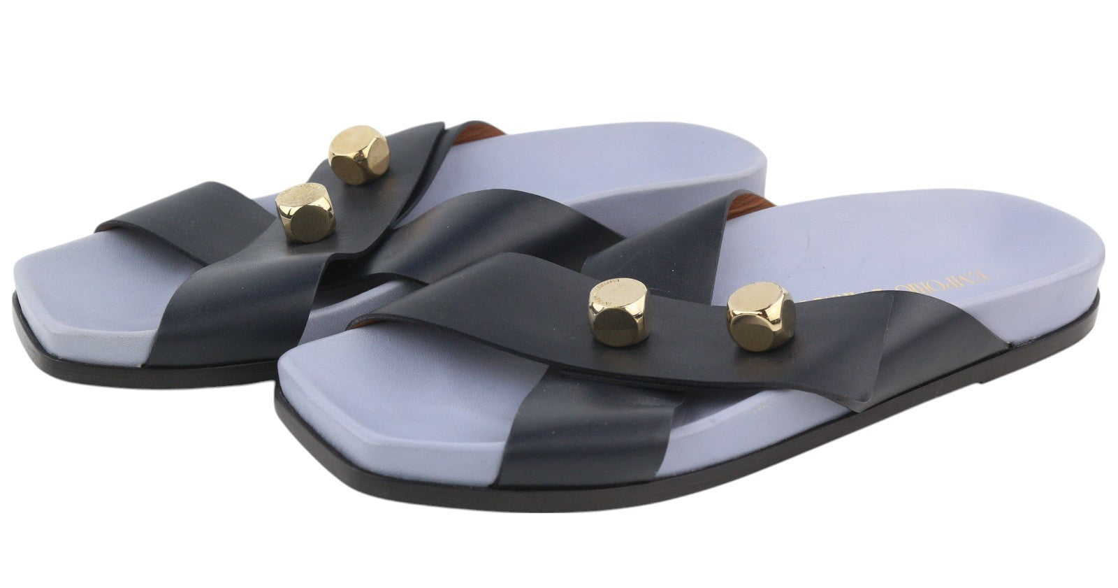 EMPORIO ARMANI Women Flats EU37 Leather Black Dog Tone Details Slip On Open Toe