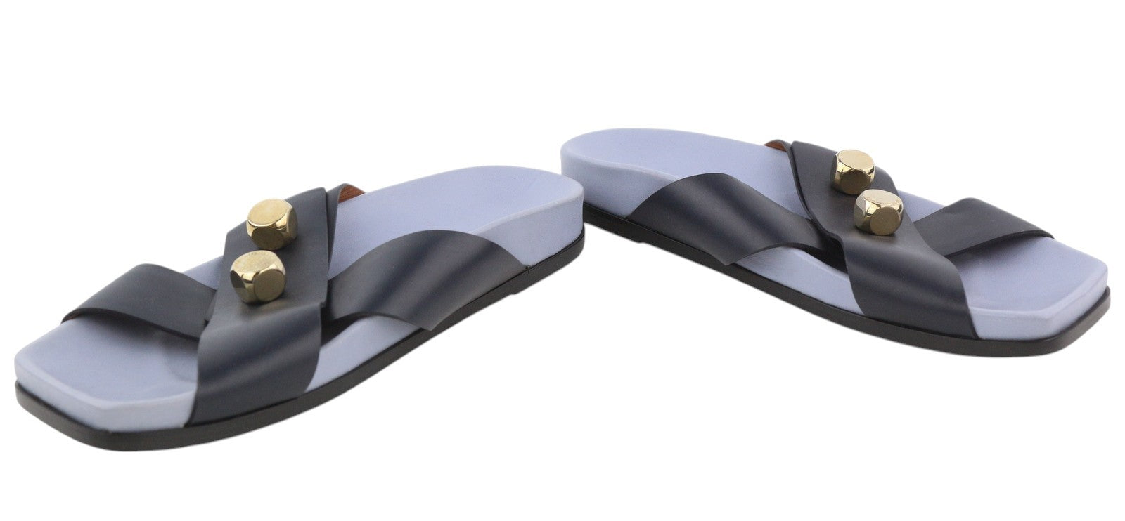 EMPORIO ARMANI Women Flats EU37 Leather Black Dog Tone Details Slip On Open Toe