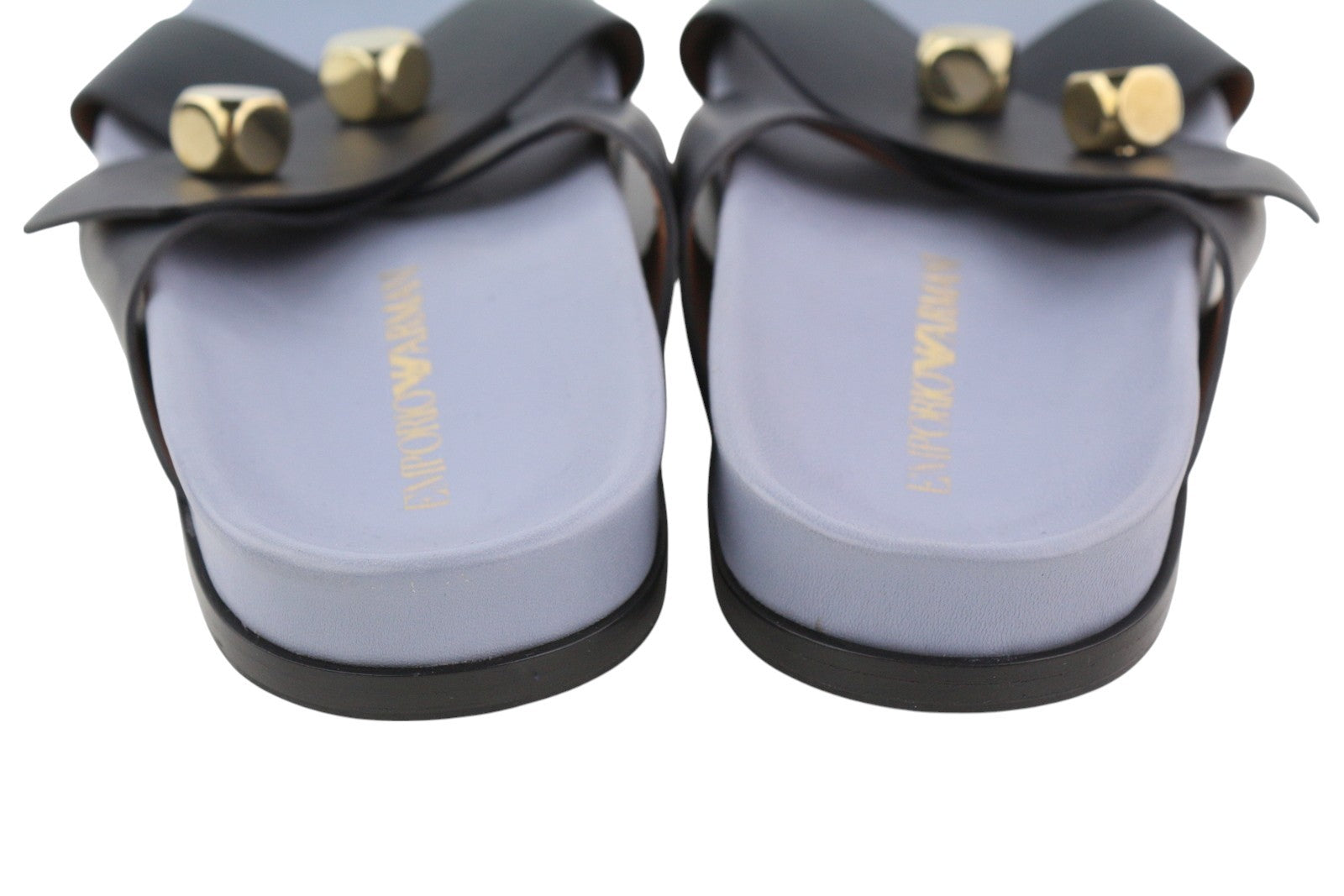 EMPORIO ARMANI Women Flats EU37 Leather Black Dog Tone Details Slip On Open Toe