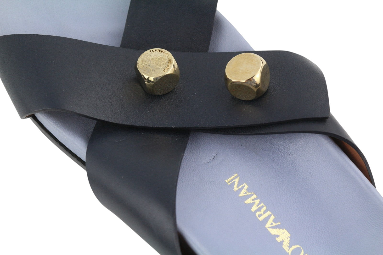 EMPORIO ARMANI Women Flats EU37 Leather Black Dog Tone Details Slip On Open Toe