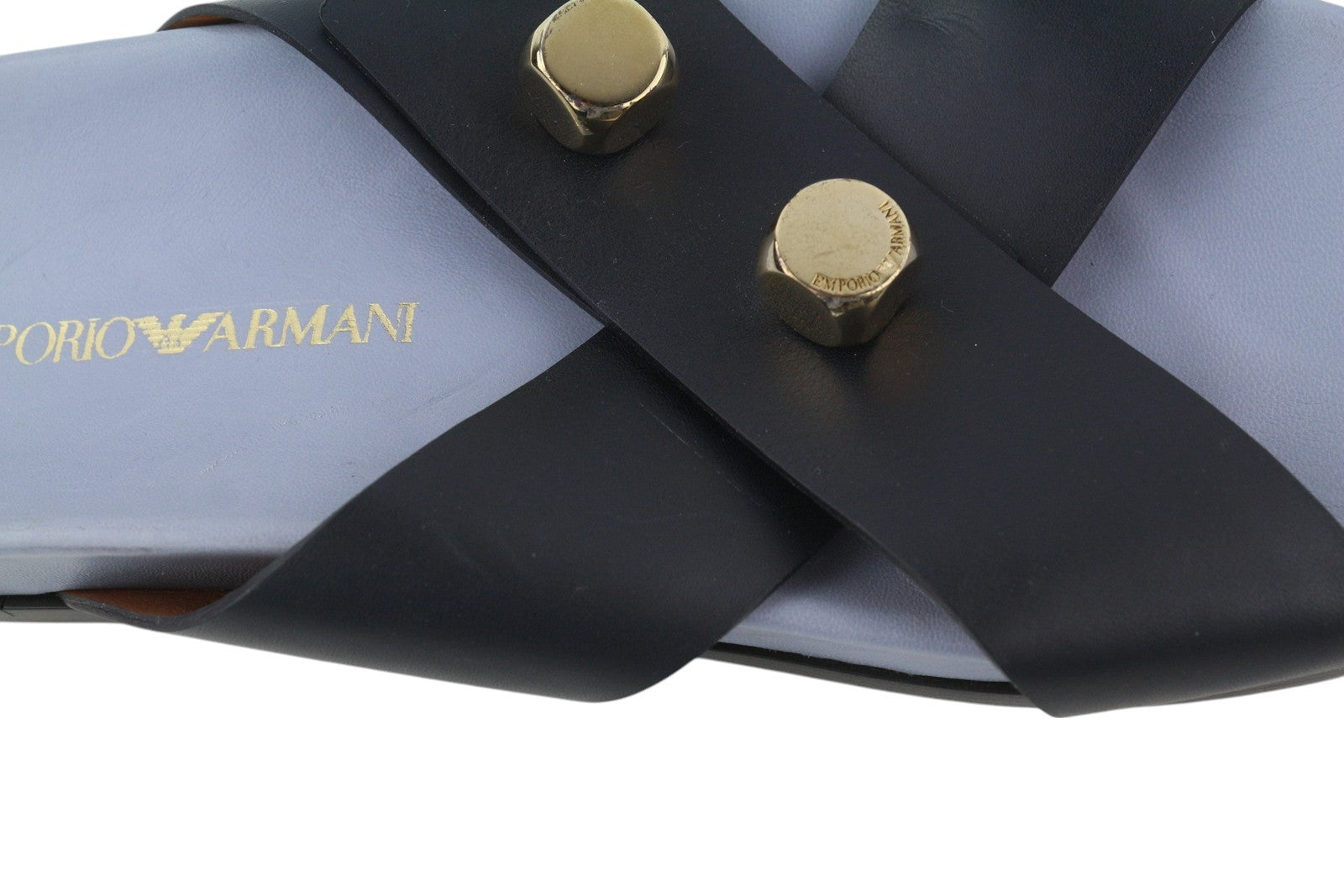 EMPORIO ARMANI Women Flats EU37 Leather Black Dog Tone Details Slip On Open Toe