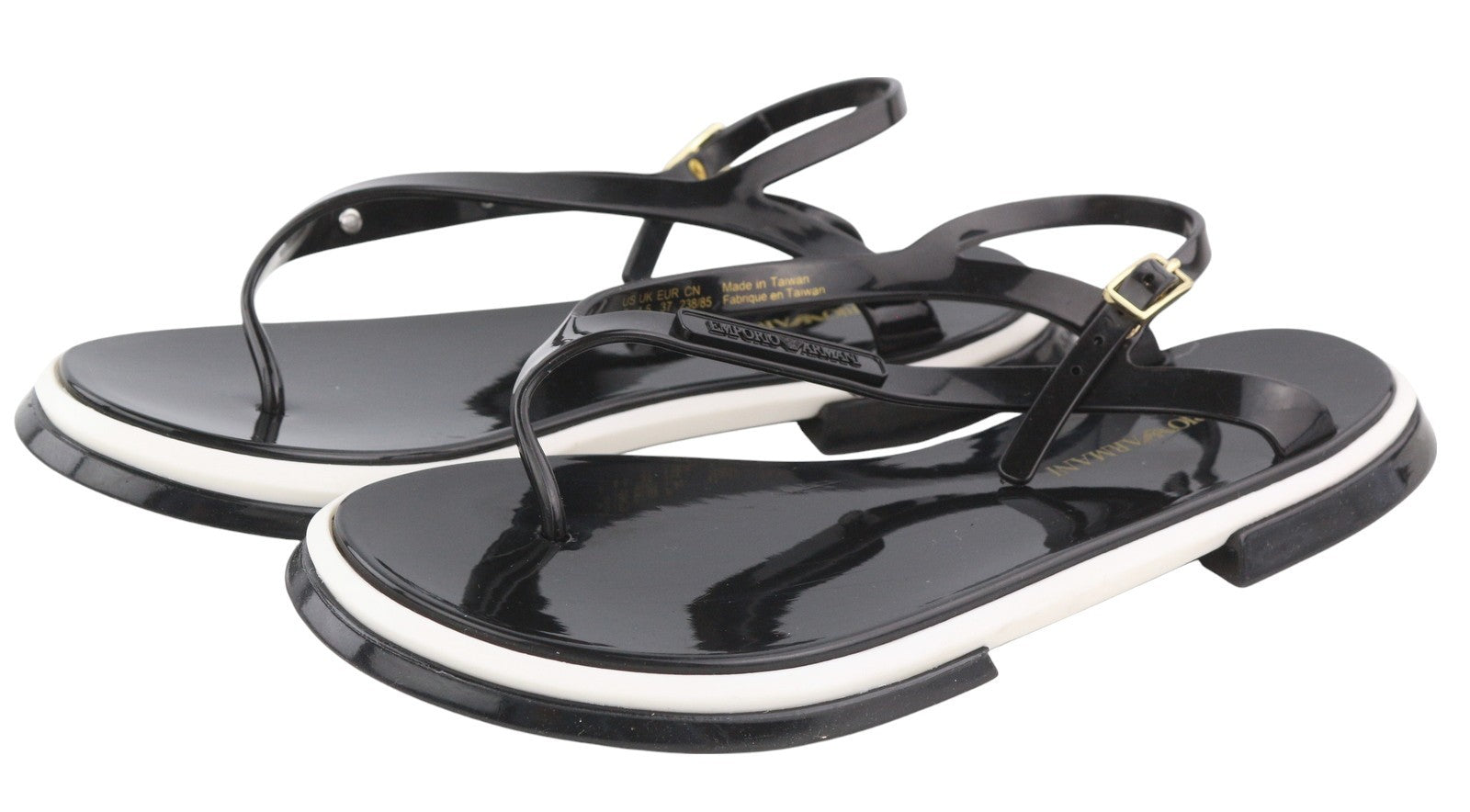 EMPORIO ARMANI Women Sandals EU37 Black Jelly Thong Slingback Straps Flats Logo