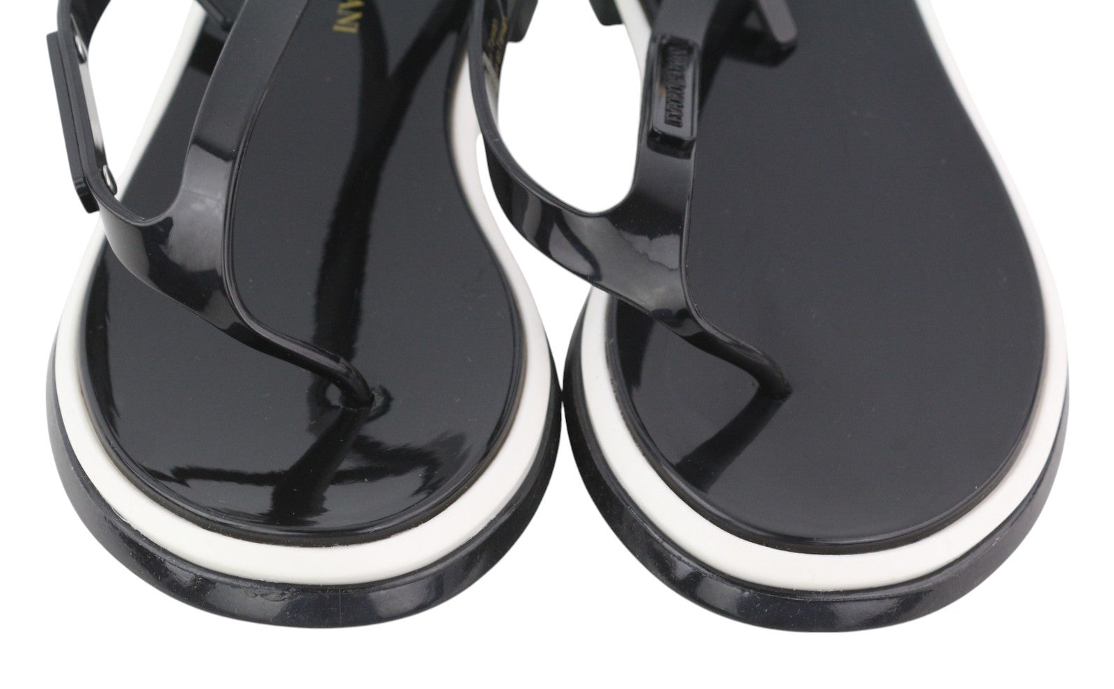 EMPORIO ARMANI Women Sandals EU37 Black Jelly Thong Slingback Straps Flats Logo