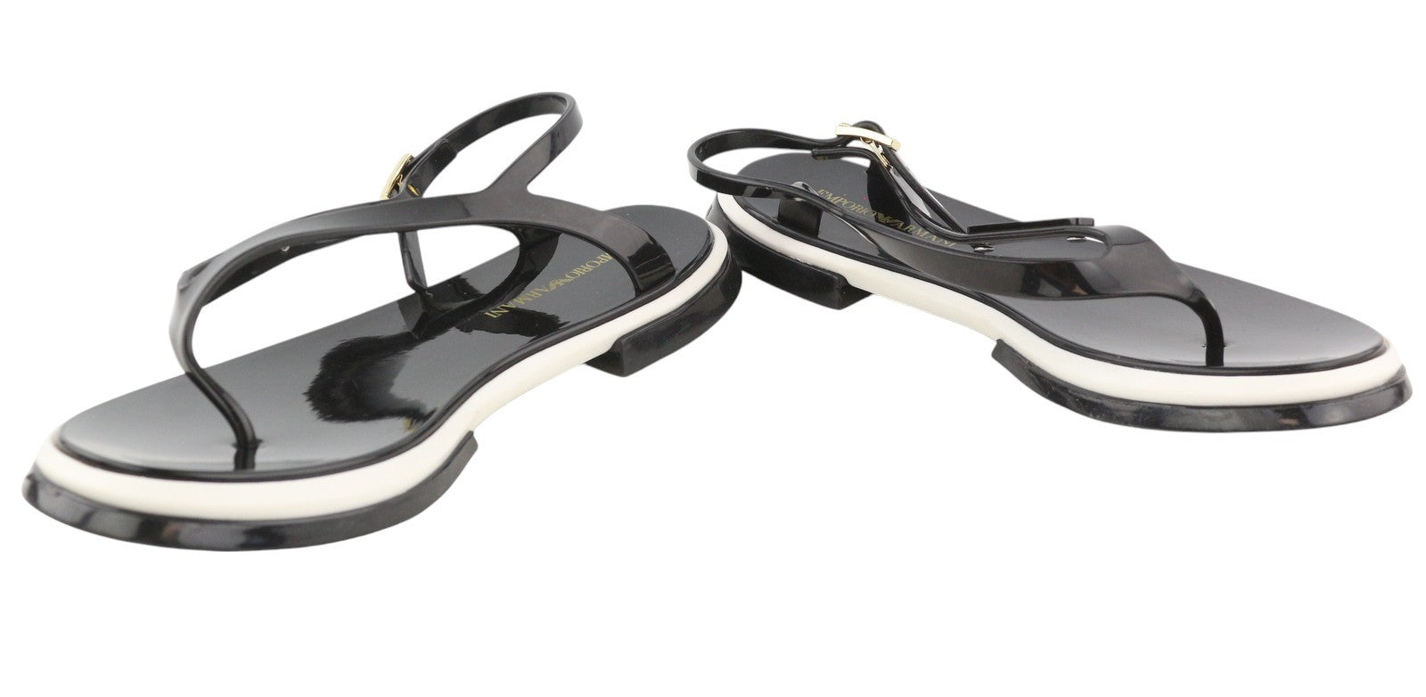 EMPORIO ARMANI Women Sandals EU37 Black Jelly Thong Slingback Straps Flats Logo