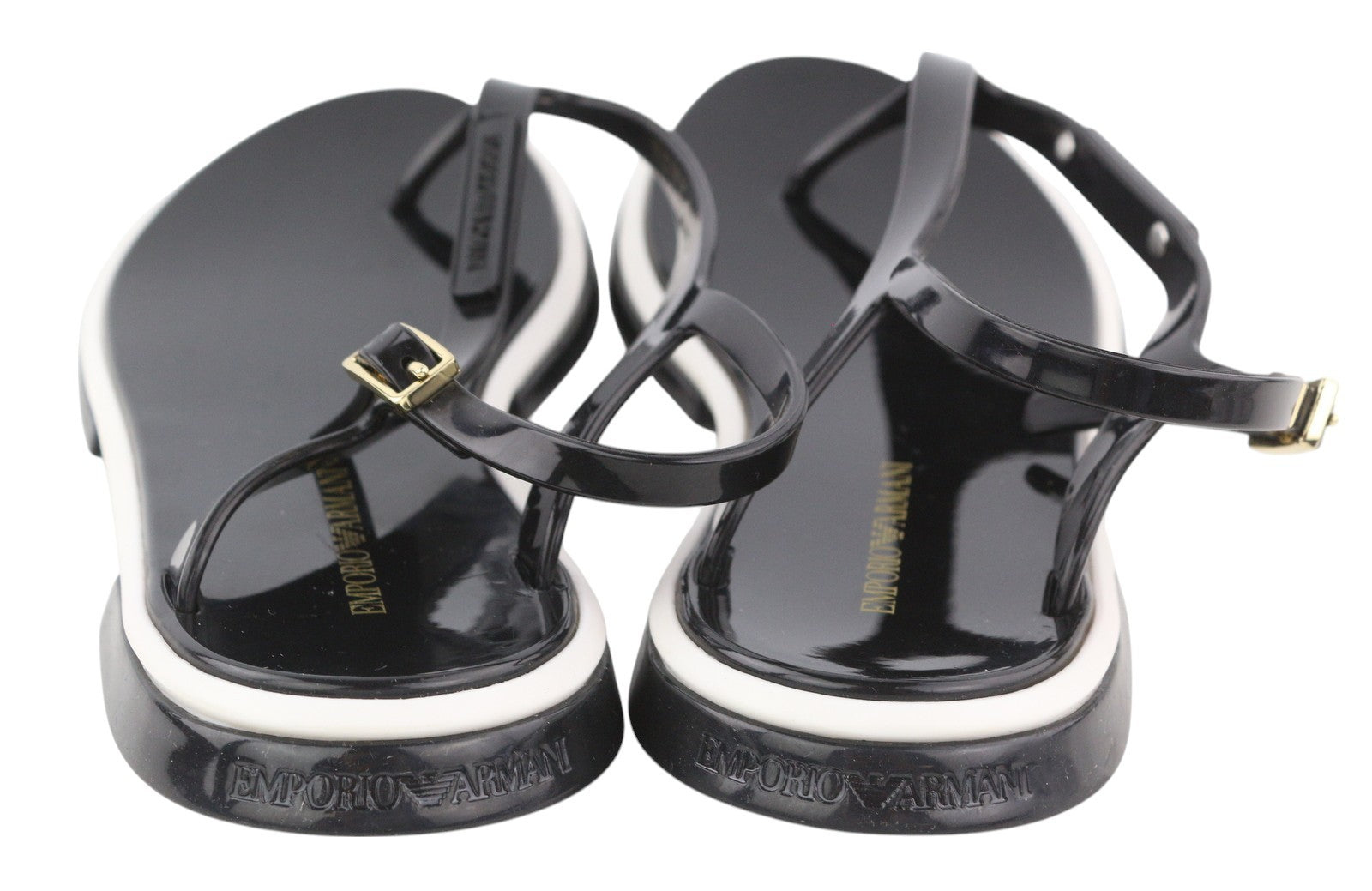 EMPORIO ARMANI Women Sandals EU37 Black Jelly Thong Slingback Straps Flats Logo