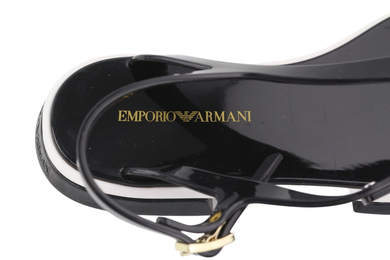 EMPORIO ARMANI Women Sandals EU37 Black Jelly Thong Slingback Straps Flats Logo