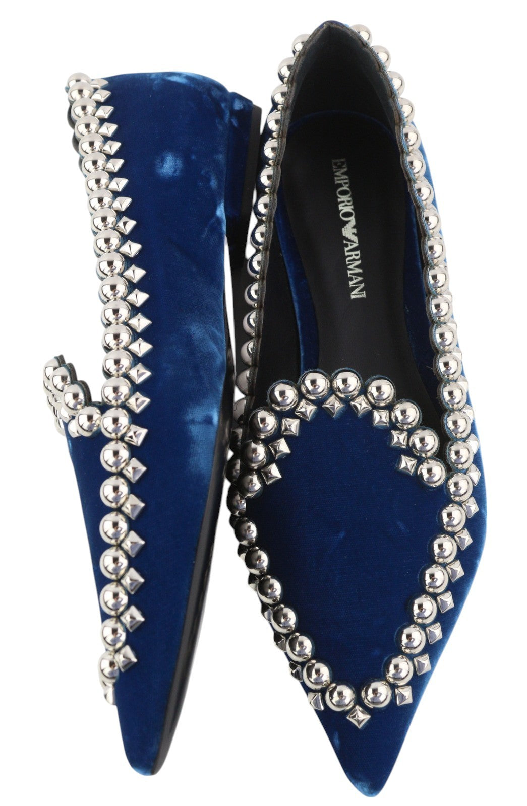 EMPORIO ARMANI X3A082 Women Shoes EU37 Blue Velvet Pointed Toe Metal Details